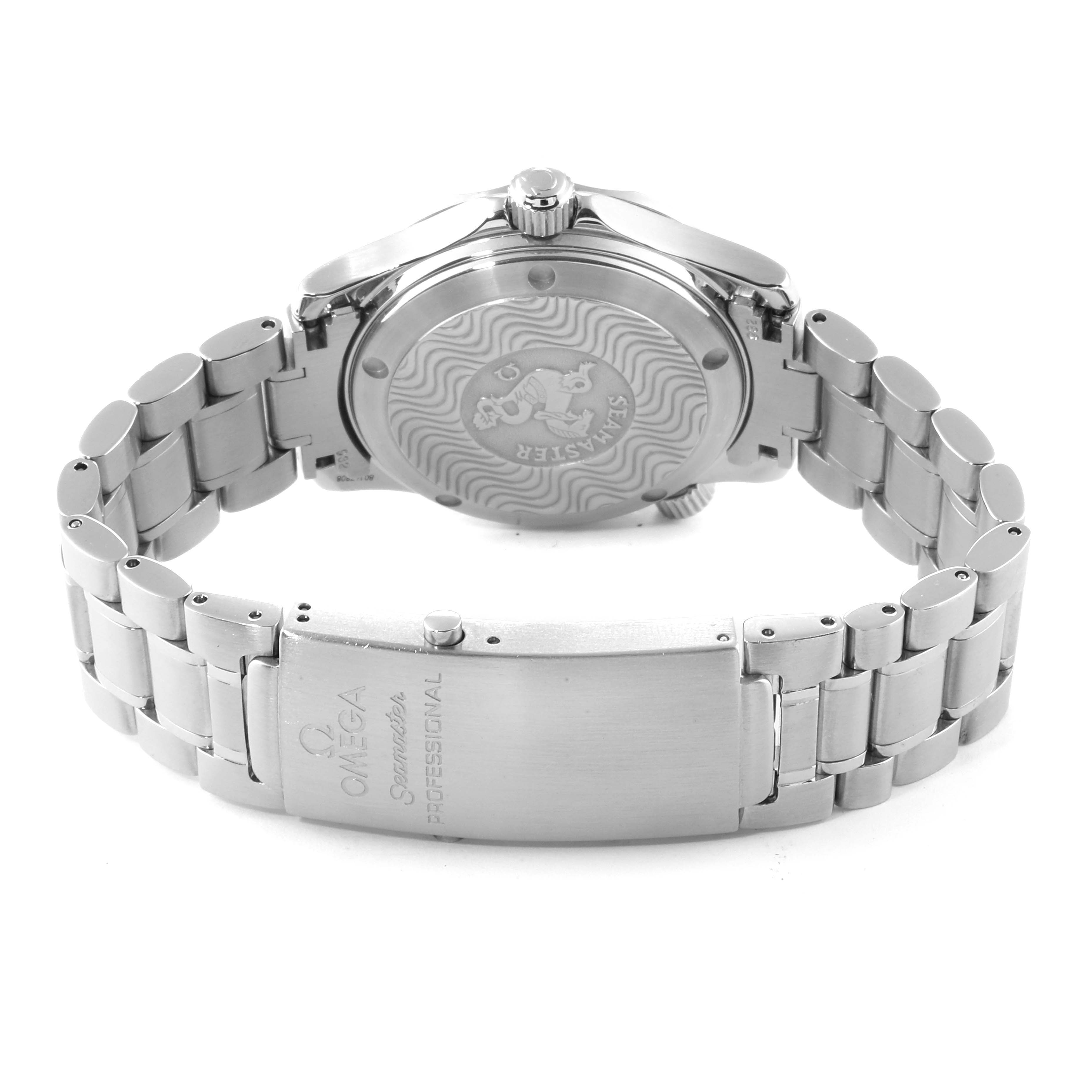 The image shows the back and clasp of the Omega 2252.50.00  Men
s Stainless Steel Black Dial 2252.50.00  Men
s Stainless Steel Black Dial Seamaster 36mm Midsize Black Wave Dial Steel Watch 2252.50.00 model.