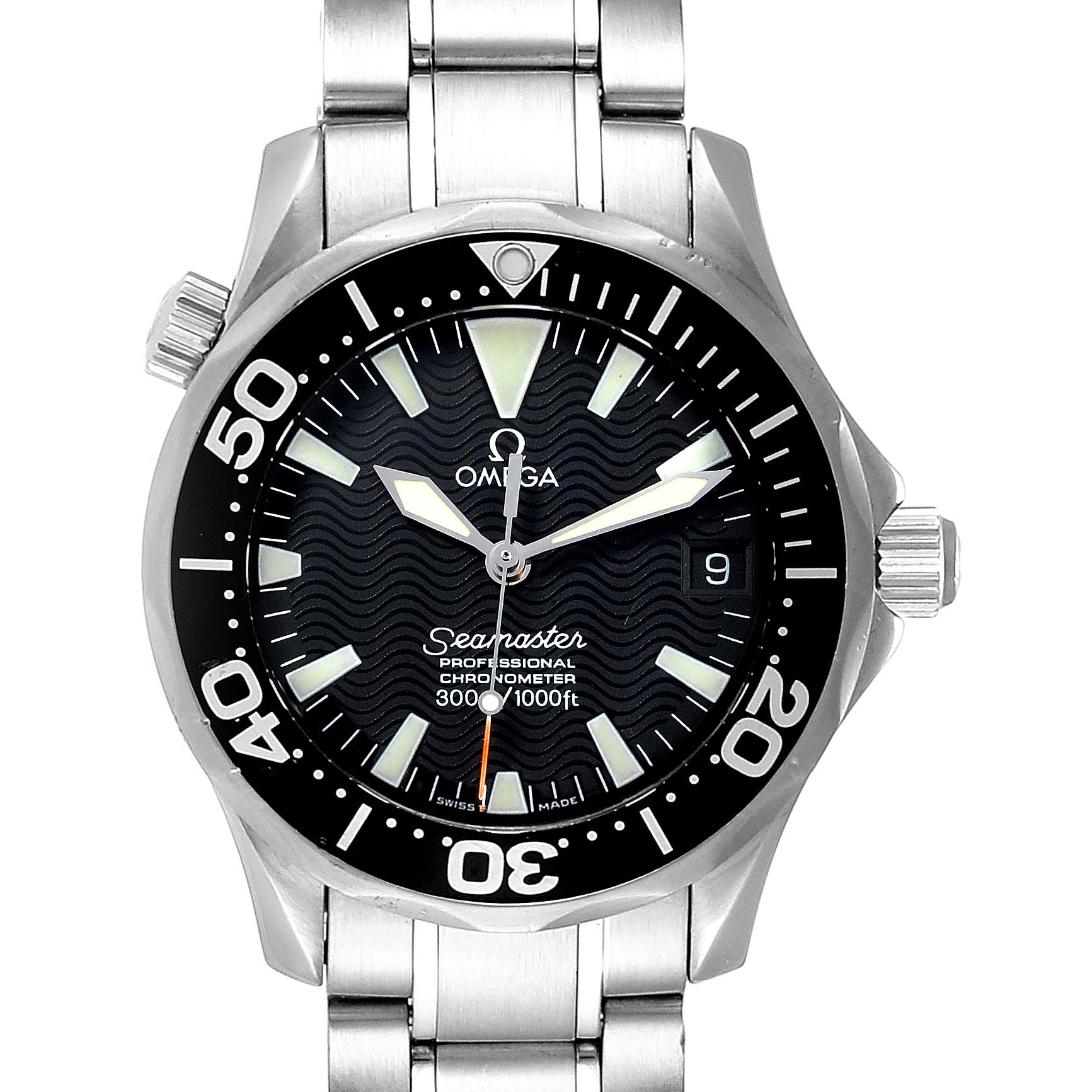 The image shows a frontal view of the Omega 2252.50.00  Men
s Stainless Steel Black Dial 2252.50.00  Men
s Stainless Steel Black Dial Seamaster 36mm Midsize Black Wave Dial Steel Watch 2252.50.00.