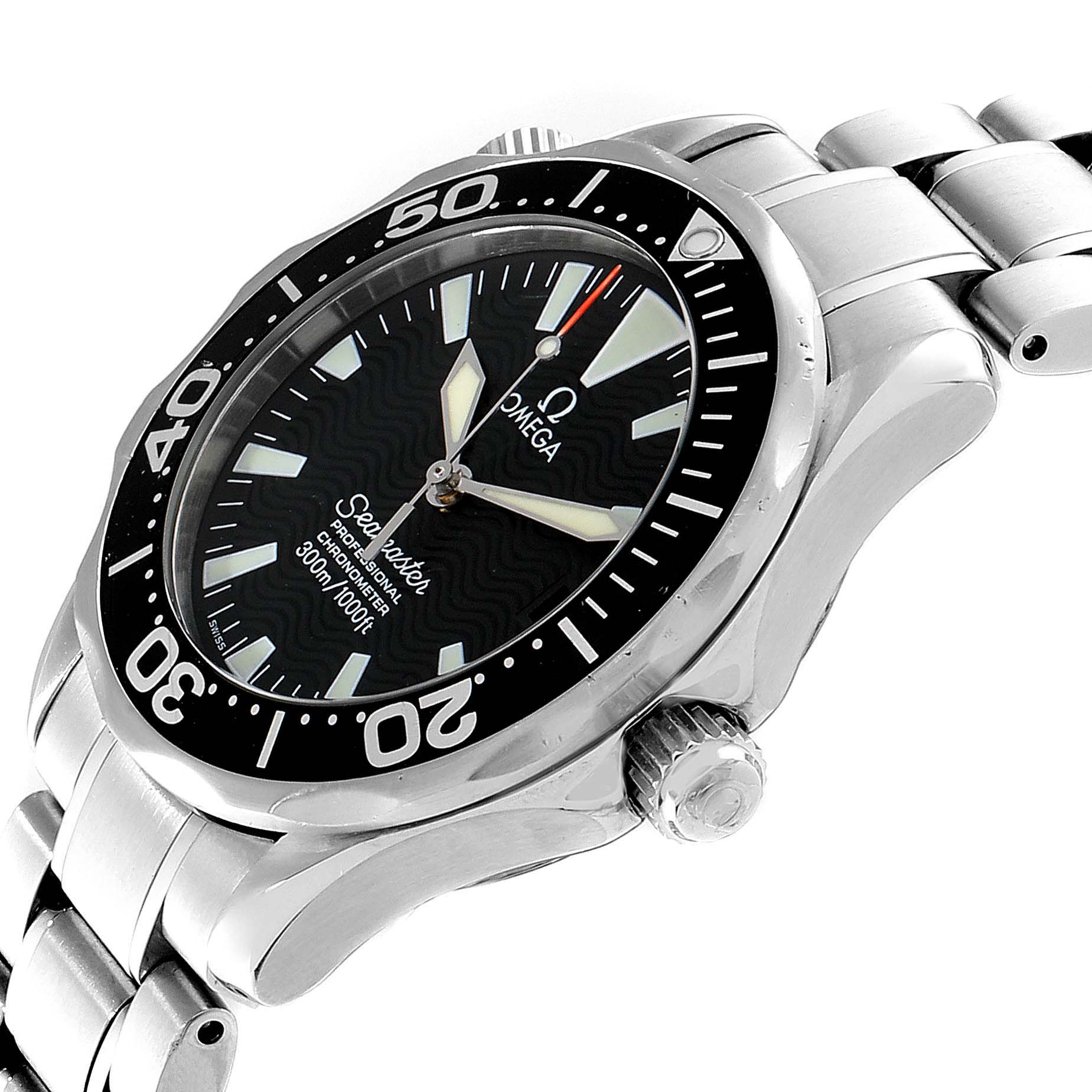 The Omega 2252.50.00  Men
s Stainless Steel Black Dial 2252.50.00  Men
s Stainless Steel Black Dial Seamaster 36mm Midsize Black Wave Dial Steel Watch 2252.50.00 is shown at an angled side view highlighting the bezel, crown, and bracelet.