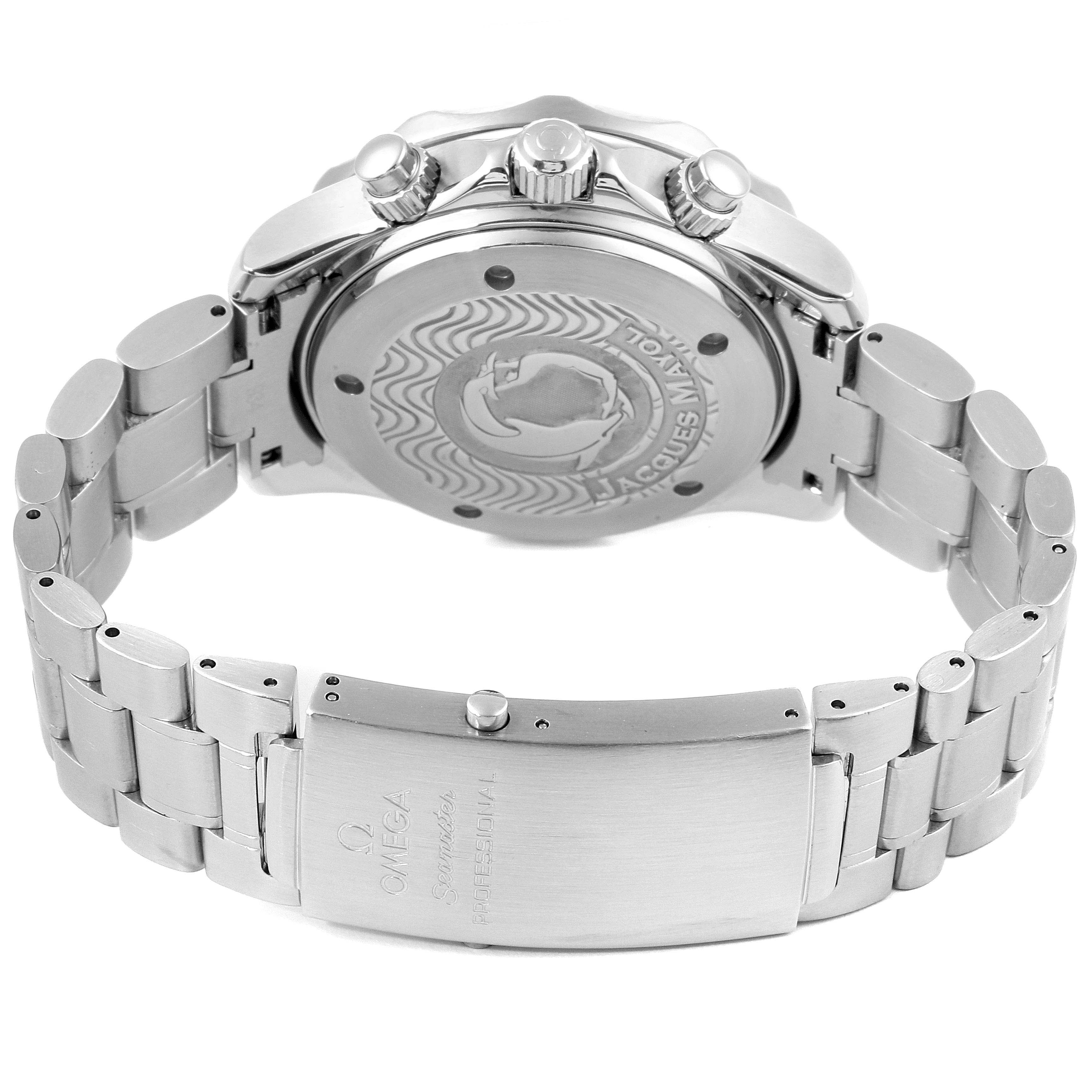 The image shows the back cover and bracelet of an Omega Seamaster 2595.50.00 Men
s Stainless Steel Black Dial 2595.50.00 Men
s Stainless Steel Black Dial watch from a rear angle.