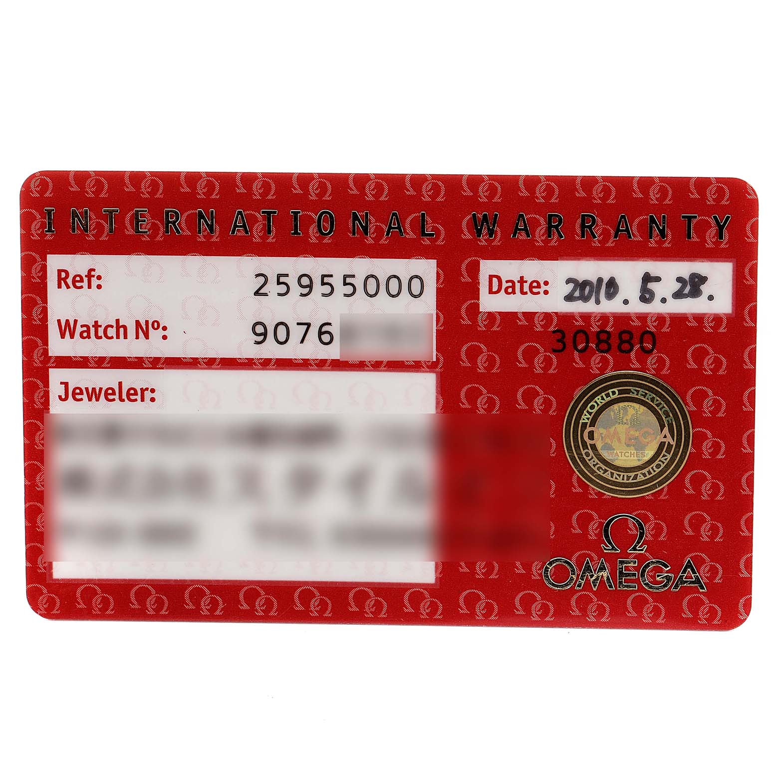 This image shows the international warranty card for an Omega Seamaster 2595.50.00 Men
s Stainless Steel Black Dial 2595.50.00 Men
s Stainless Steel Black Dial watch.