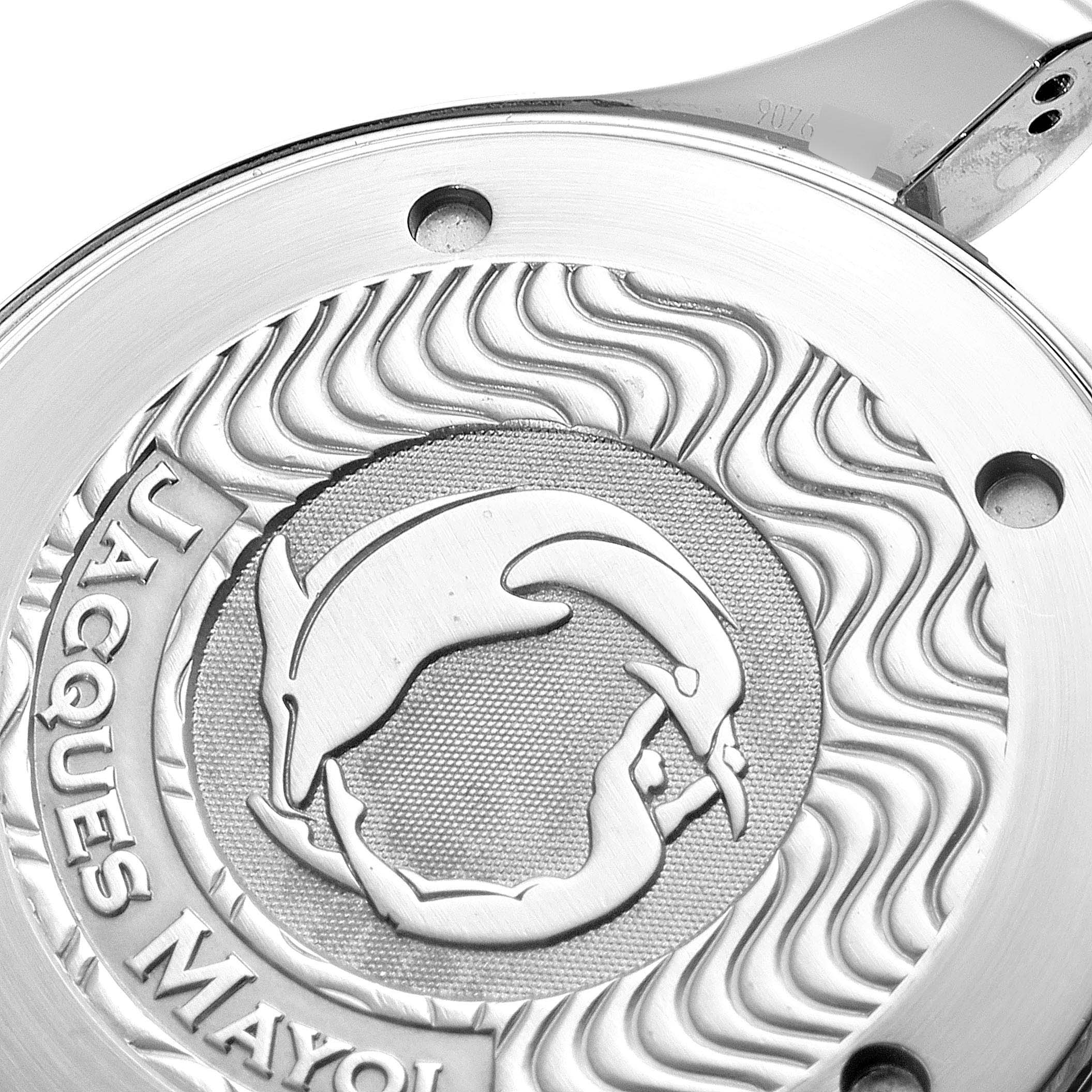 This image shows the engraved case back of the Omega Seamaster 2595.50.00 Men
s Stainless Steel Black Dial 2595.50.00 Men
s Stainless Steel Black Dial Jacques Mayol edition watch at a slight angle.