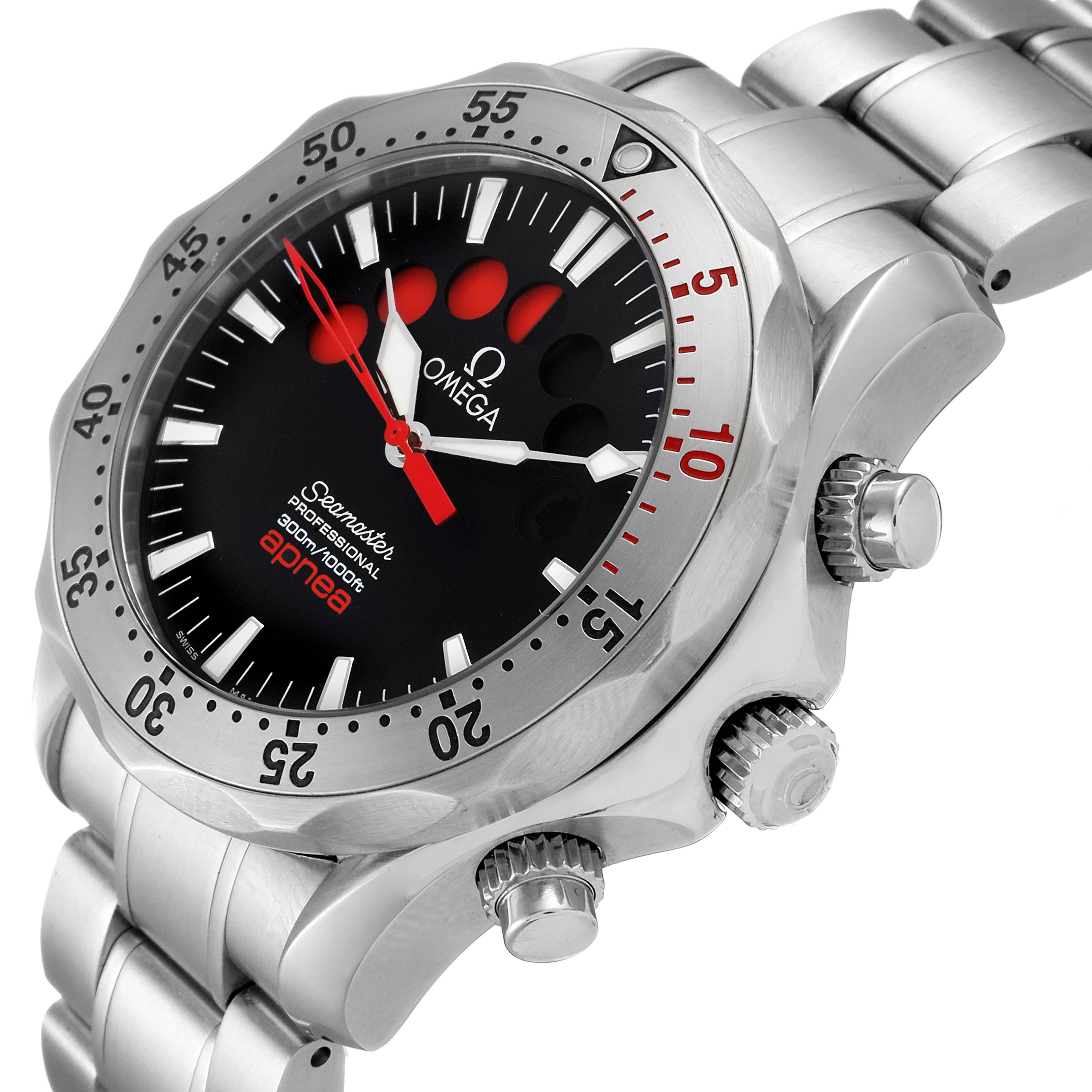 The image shows an angled view of an Omega Seamaster 2595.50.00 Men
s Stainless Steel Black Dial 2595.50.00 Men
s Stainless Steel Black Dial watch, displaying the bezel, crown, and parts of the stainless steel bracelet.