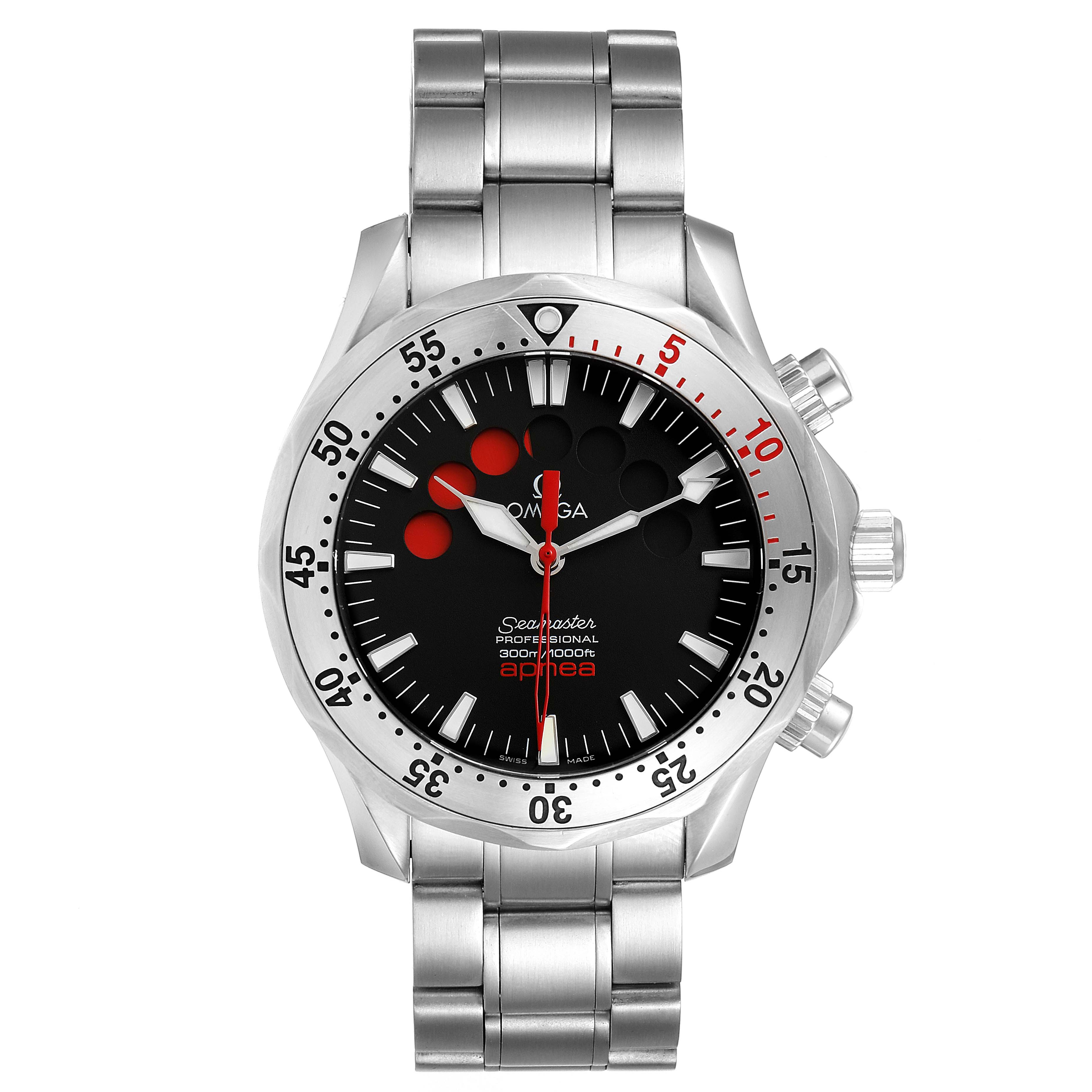 This Omega Seamaster 2595.50.00 Men
s Stainless Steel Black Dial 2595.50.00 Men
s Stainless Steel Black Dial watch is shown from a front angle, displaying its dial, bezel, bracelet, and side pushers.