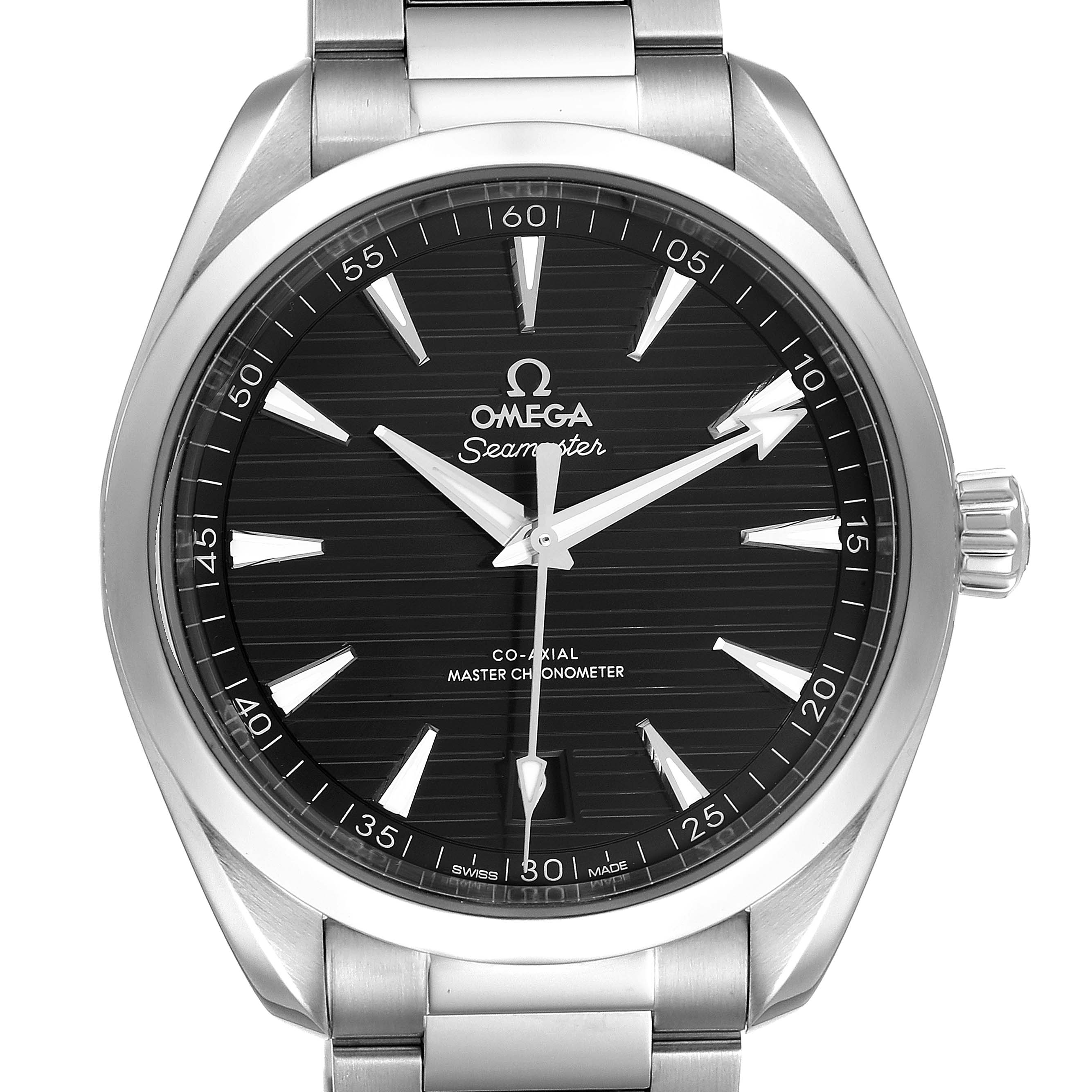 The image shows a front view of the Omega Seamaster 220.10.41.21.01.001 Men's Stainless Steel Black Dial 220.10.41.21.01.001 Men's Stainless Steel Black Dial watch, displaying the face, bezel, crown, and part of the bracelet.