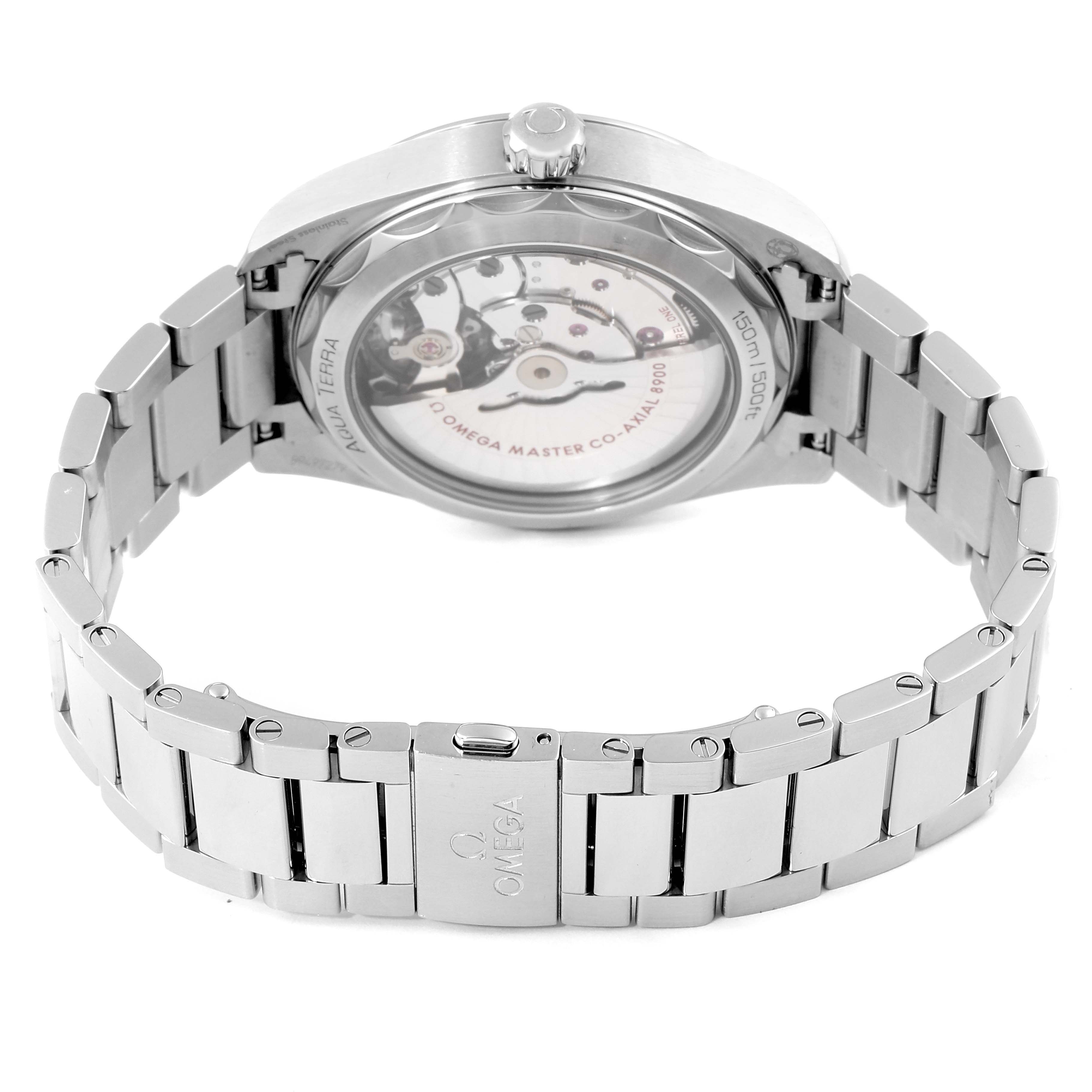 The image shows the back view of an Omega Seamaster 220.10.41.21.01.001 Men's Stainless Steel Black Dial 220.10.41.21.01.001 Men's Stainless Steel Black Dial watch, highlighting the clasp, bracelet, and exhibition case back.