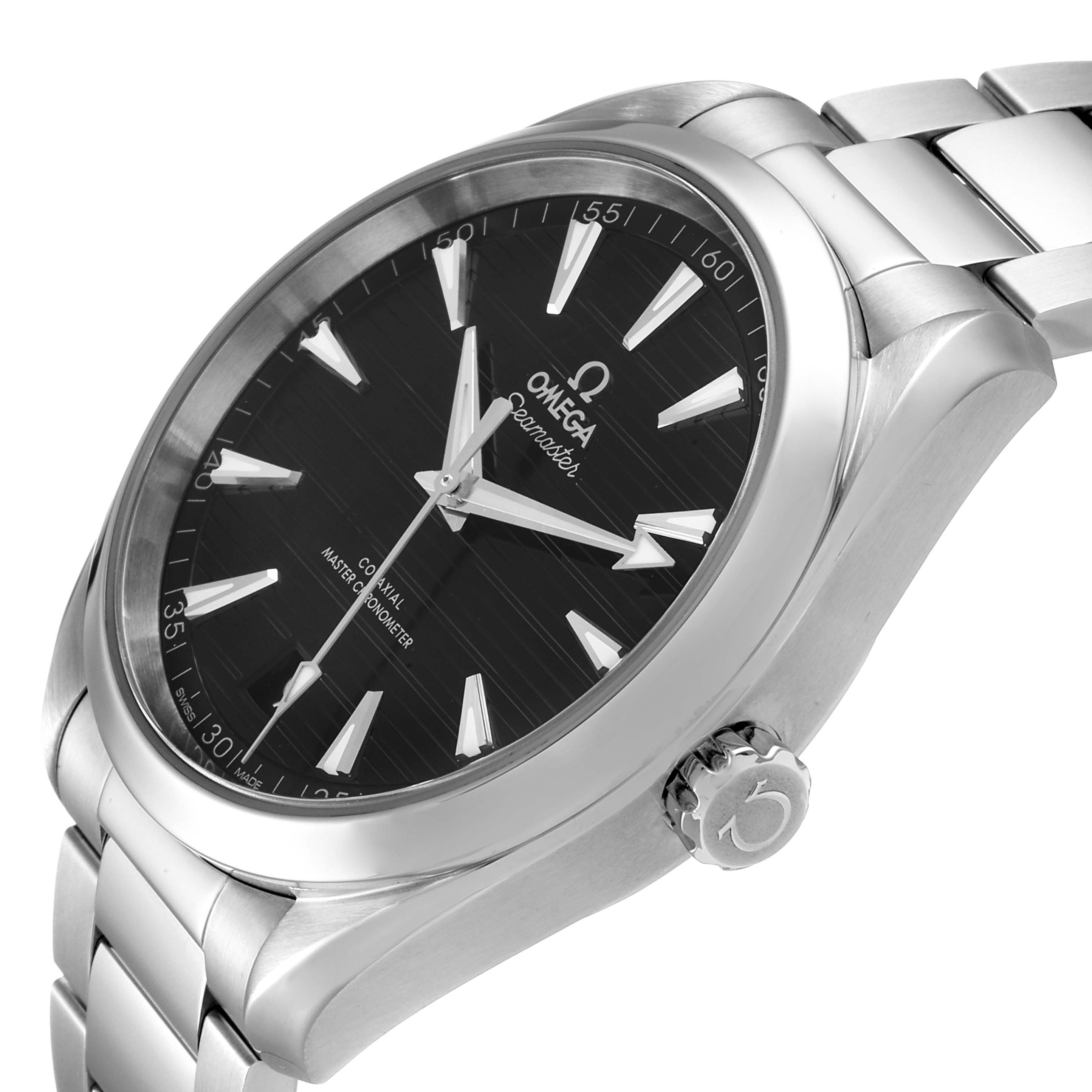 The image shows an angled side view of the Omega Seamaster 220.10.41.21.01.001 Men's Stainless Steel Black Dial 220.10.41.21.01.001 Men's Stainless Steel Black Dial watch, highlighting the face, bezel, and part of the bracelet.