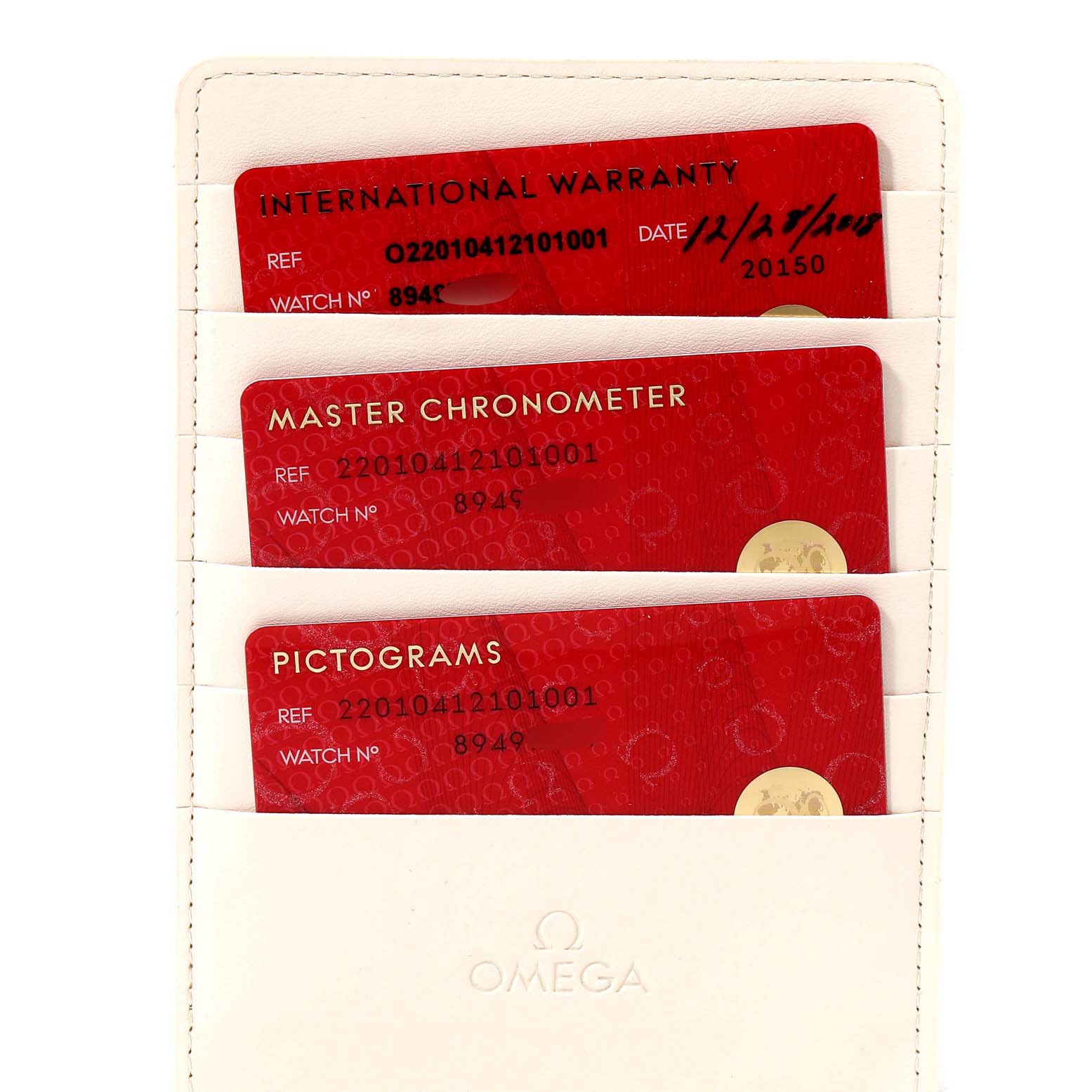 The image shows warranty and certification cards for an Omega Seamaster 220.10.41.21.01.001 Men's Stainless Steel Black Dial 220.10.41.21.01.001 Men's Stainless Steel Black Dial model.