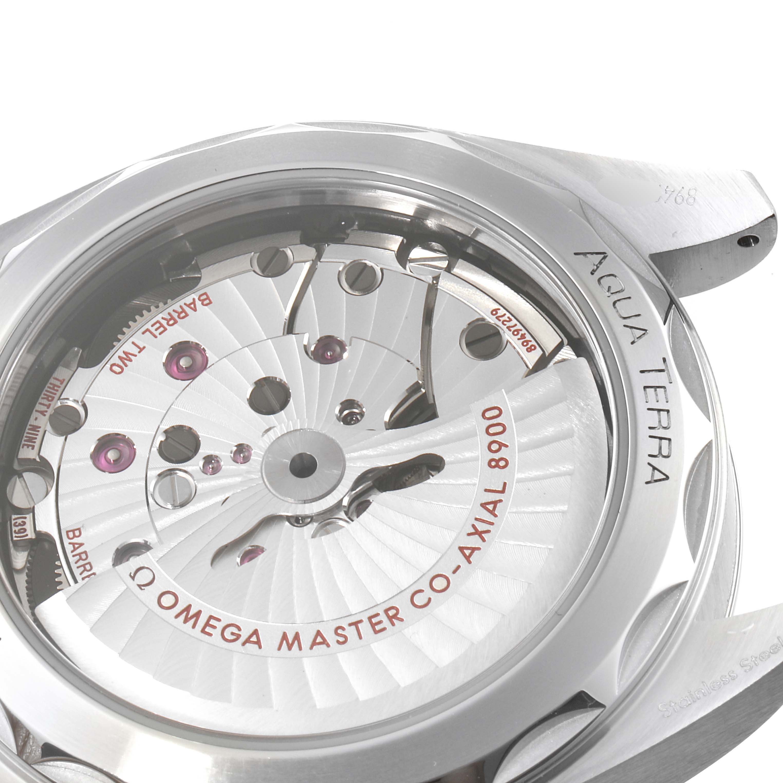 The image shows the back side of an Omega Seamaster 220.10.41.21.01.001 Men's Stainless Steel Black Dial 220.10.41.21.01.001 Men's Stainless Steel Black Dial Aqua Terra watch, showcasing its mechanical movement.