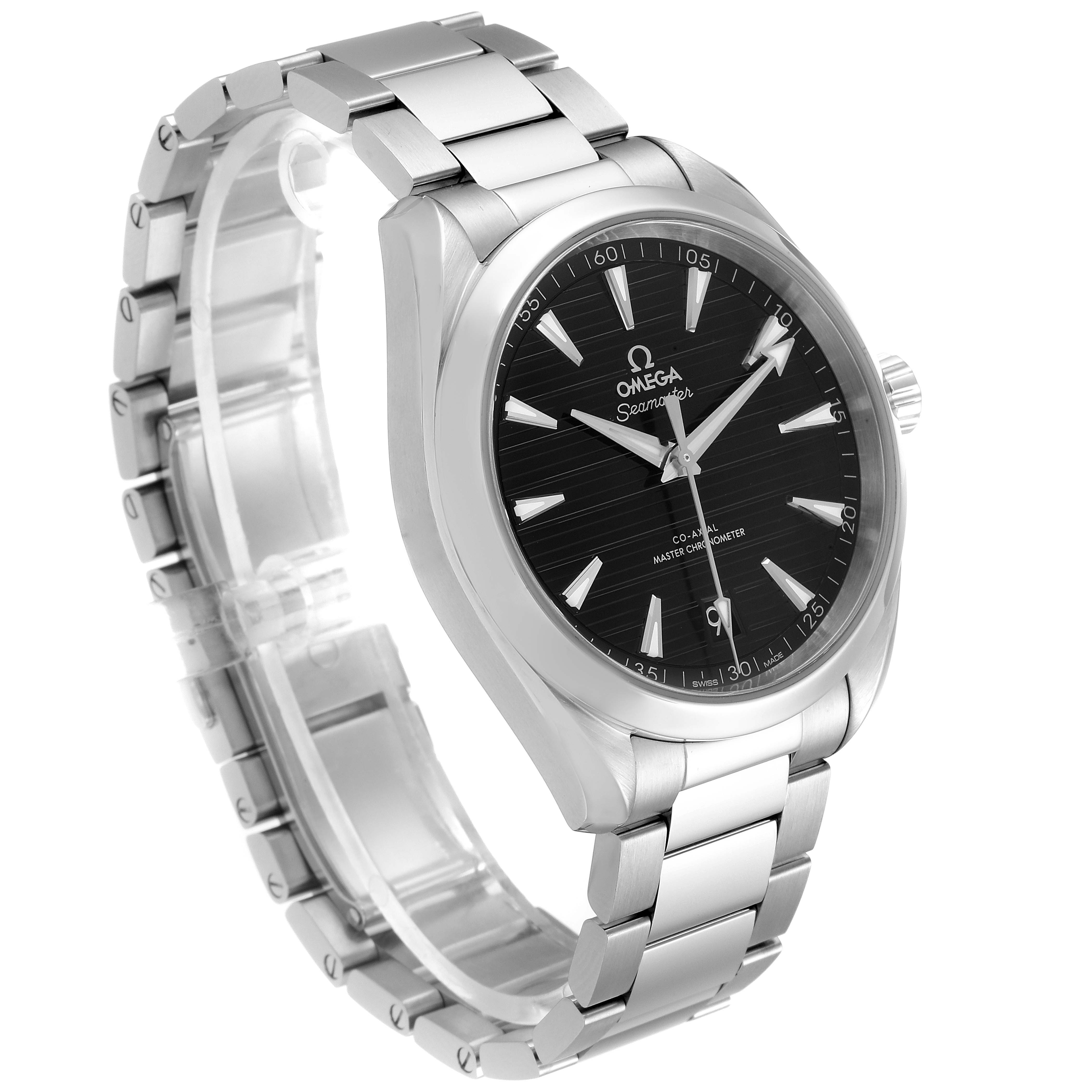 The Omega Seamaster 220.10.41.21.01.001 Men's Stainless Steel Black Dial 220.10.41.21.01.001 Men's Stainless Steel Black Dial watch is shown at a slight angle, displaying the face, bezel, crown, and part of the bracelet.