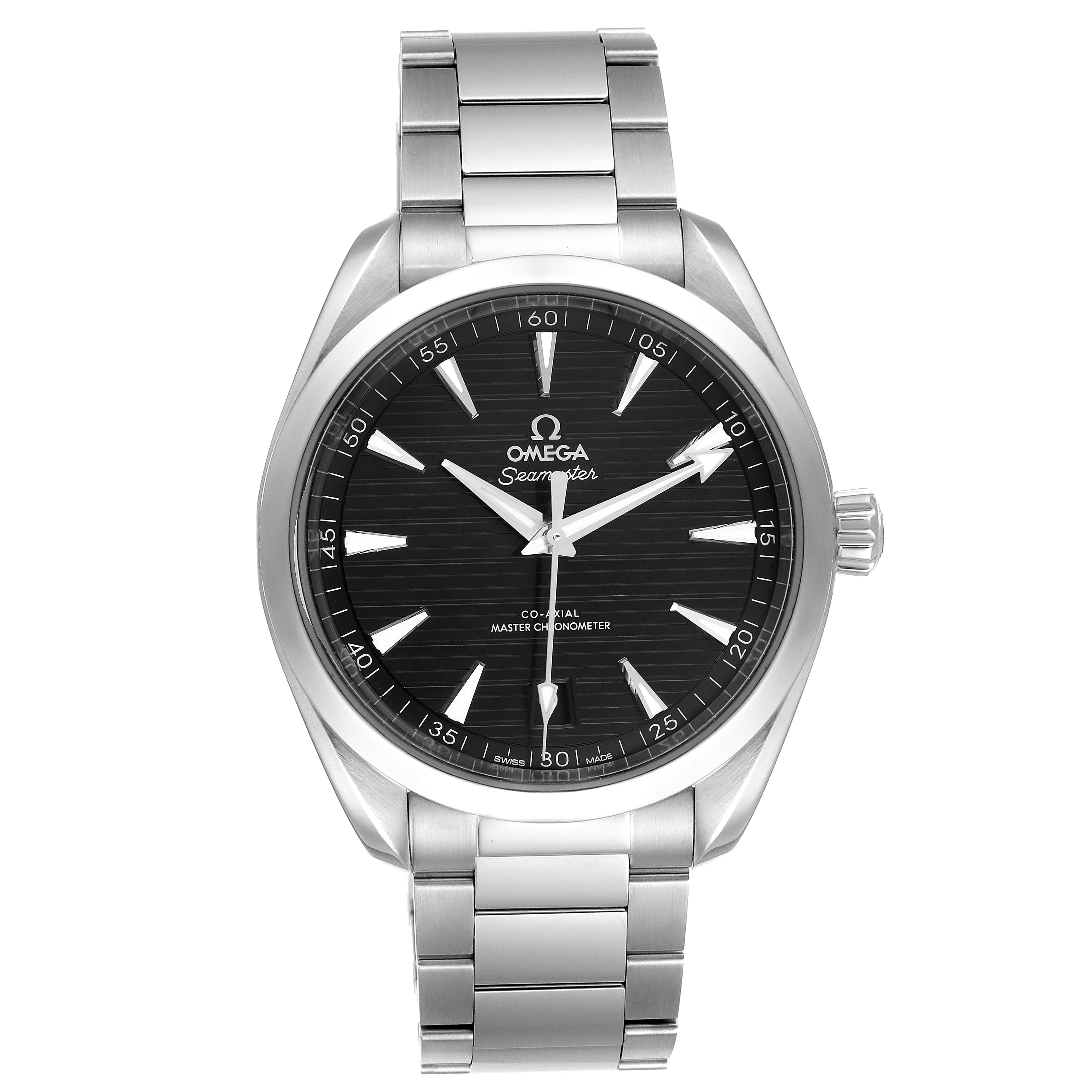 The image shows a front view of the Omega Seamaster 220.10.41.21.01.001 Men's Stainless Steel Black Dial 220.10.41.21.01.001 Men's Stainless Steel Black Dial watch, highlighting its face, bezel, and stainless steel bracelet.