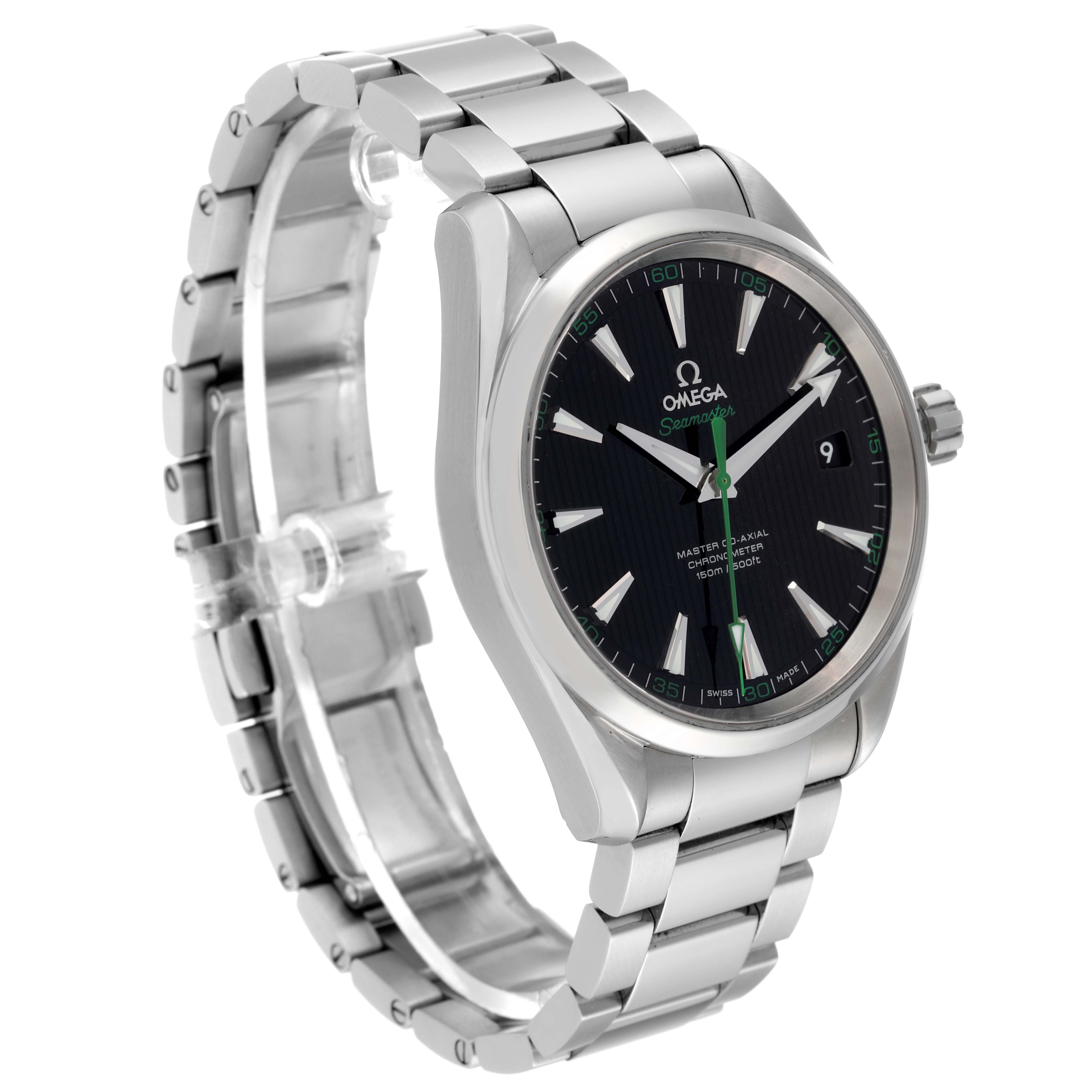 The image shows a side view of the Omega Aqua Terra 231.10.42.21.01.004 Men's Stainless Steel Black Dial 231.10.42.21.01.004 Men's Stainless Steel Black Dial watch, highlighting the face and bracelet in detail.