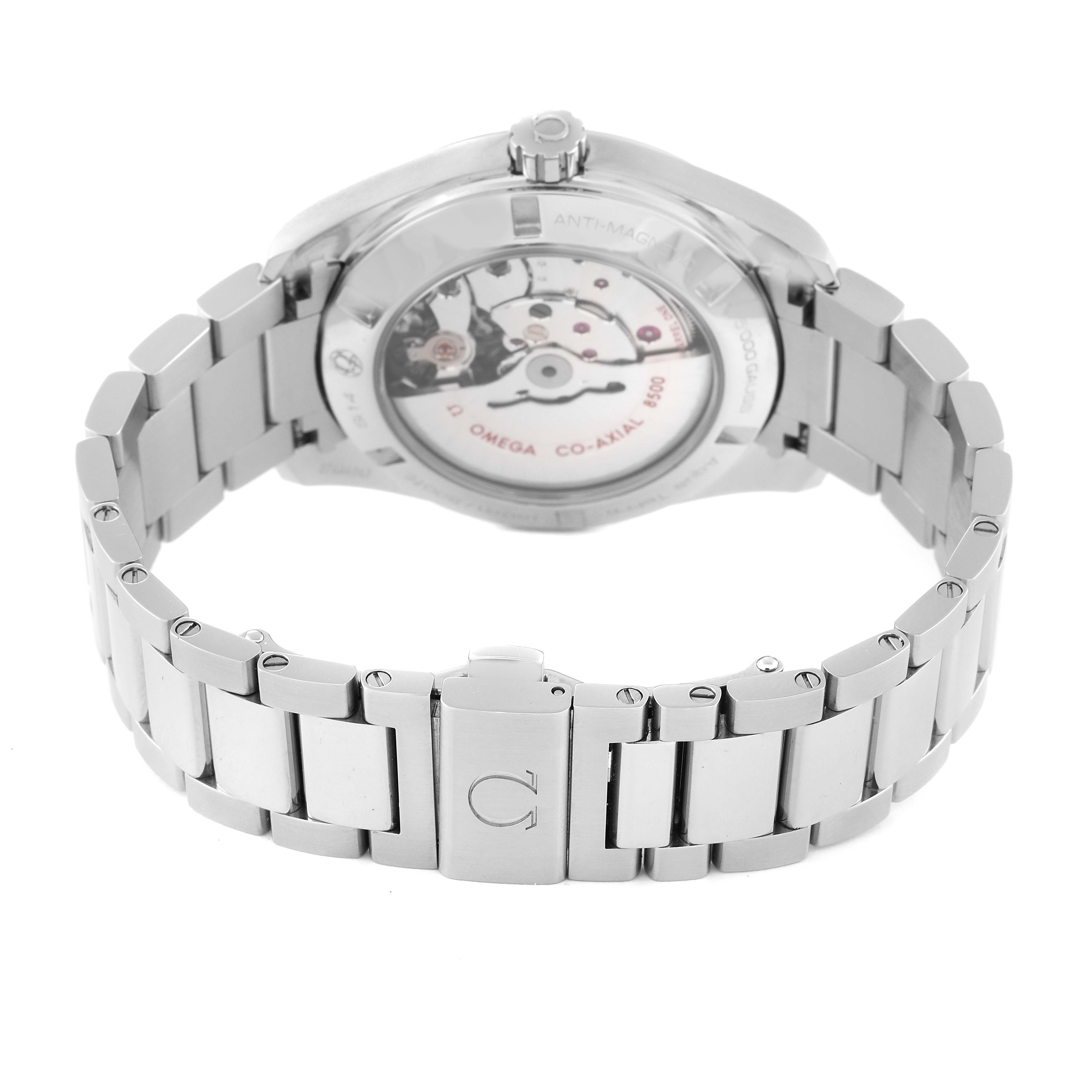 The image shows the back and bracelet of an Omega Aqua Terra 231.10.42.21.01.004 Men's Stainless Steel Black Dial 231.10.42.21.01.004 Men's Stainless Steel Black Dial watch, highlighting its exposed movement and clasp.