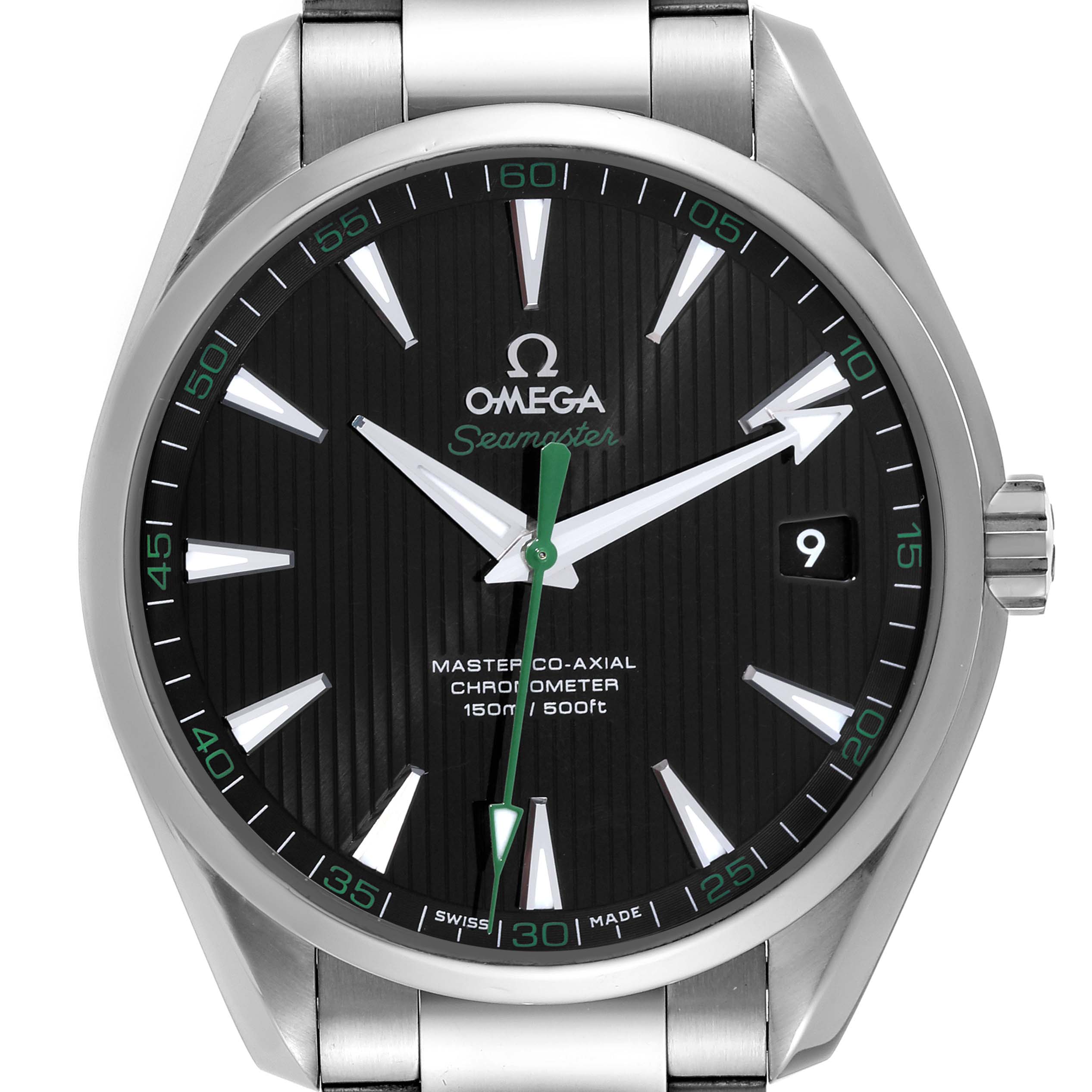 The image shows a front view of the Omega Aqua Terra 231.10.42.21.01.004 Men's Stainless Steel Black Dial 231.10.42.21.01.004 Men's Stainless Steel Black Dial watch, highlighting its black dial, green accents, date window, and metallic bezel.