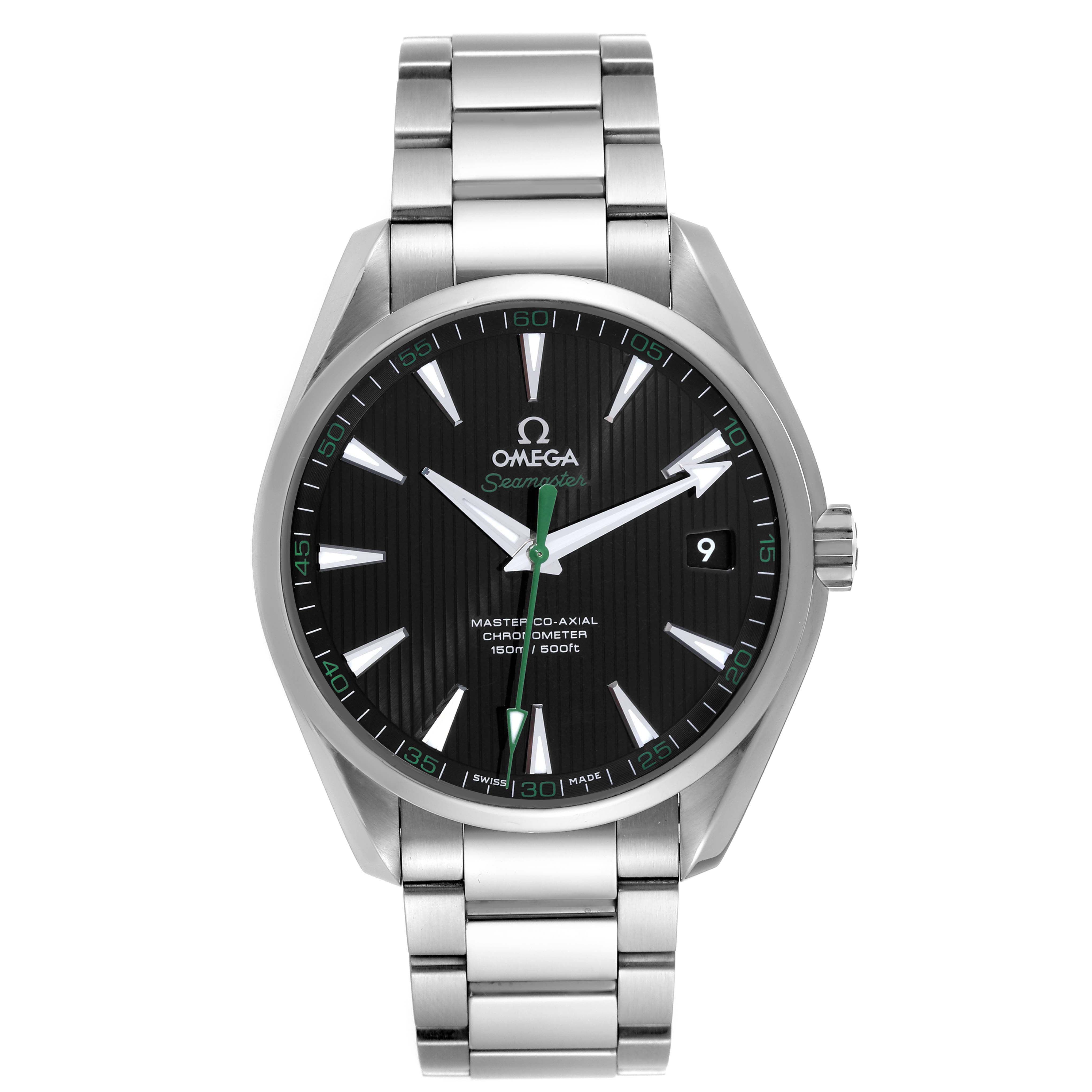 The image shows a front view of the Omega Aqua Terra 231.10.42.21.01.004 Men's Stainless Steel Black Dial 231.10.42.21.01.004 Men's Stainless Steel Black Dial watch, highlighting its dial, hands, bracelet, and date window.