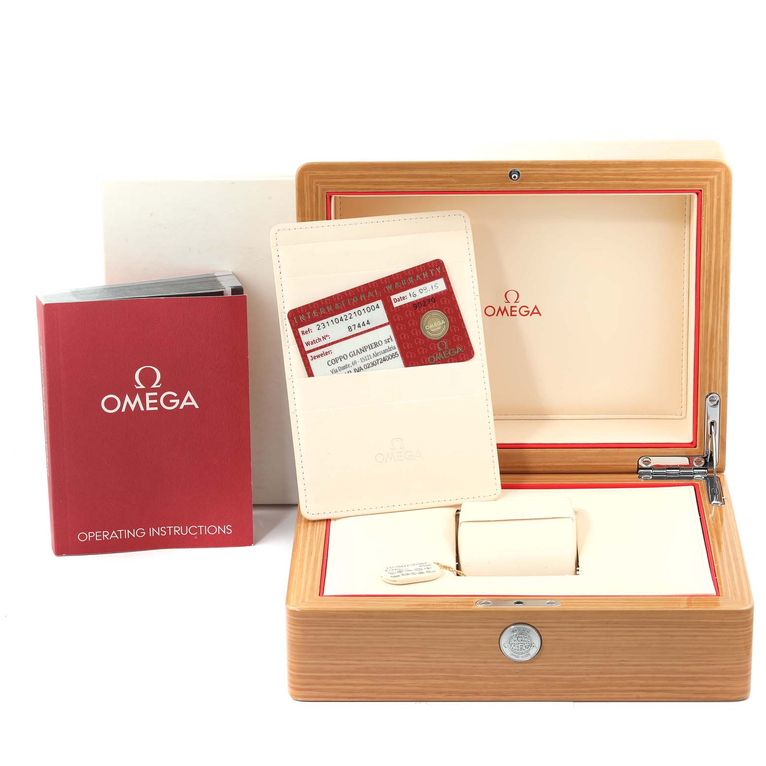 The image shows the packaging, instruction booklet, warranty card, and watch box for the Omega Aqua Terra 231.10.42.21.01.004 Men's Stainless Steel Black Dial 231.10.42.21.01.004 Men's Stainless Steel Black Dial model.