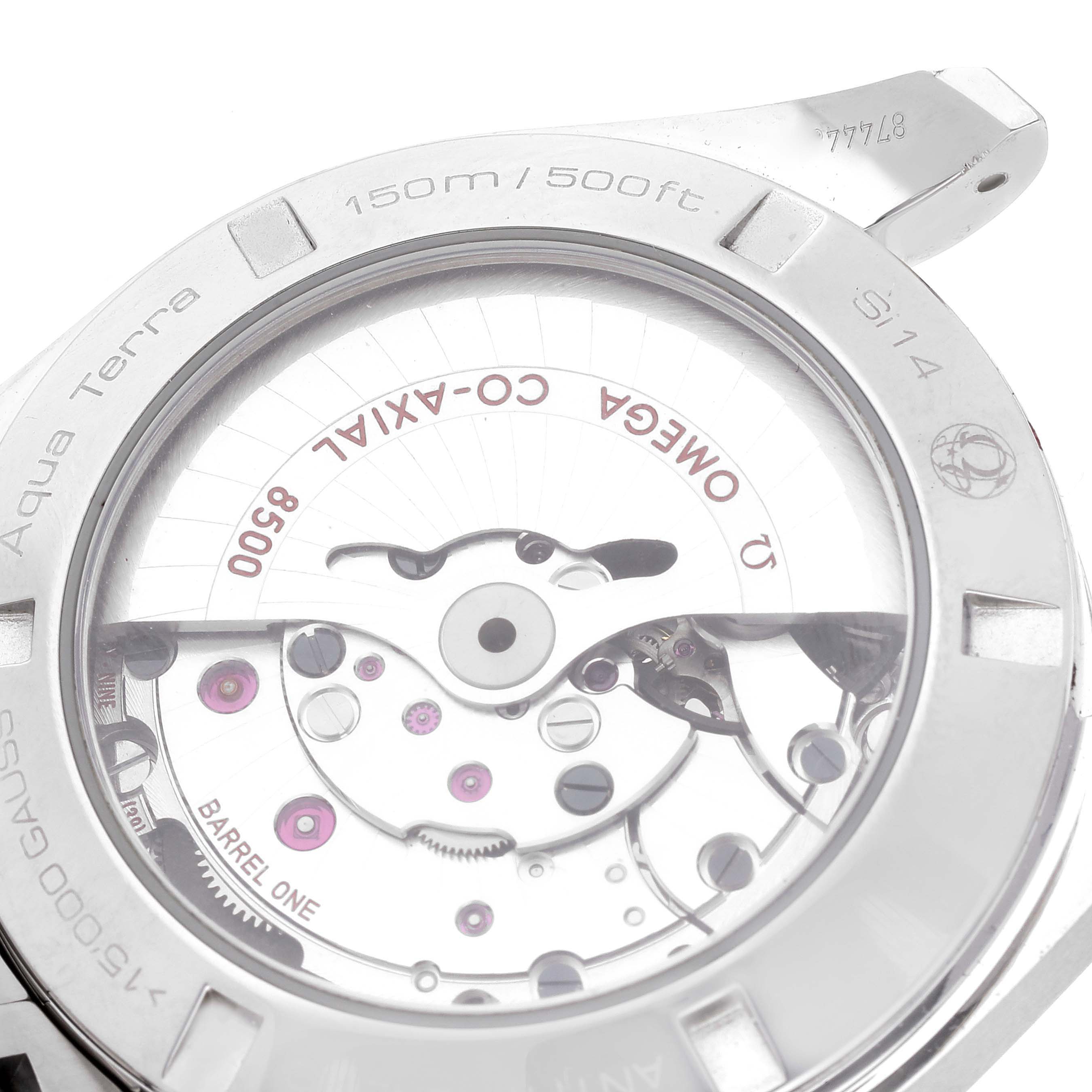 Close-up of the Omega Aqua Terra 231.10.42.21.01.004 Men's Stainless Steel Black Dial 231.10.42.21.01.004 Men's Stainless Steel Black Dial watch showing the back case and internal movement components.