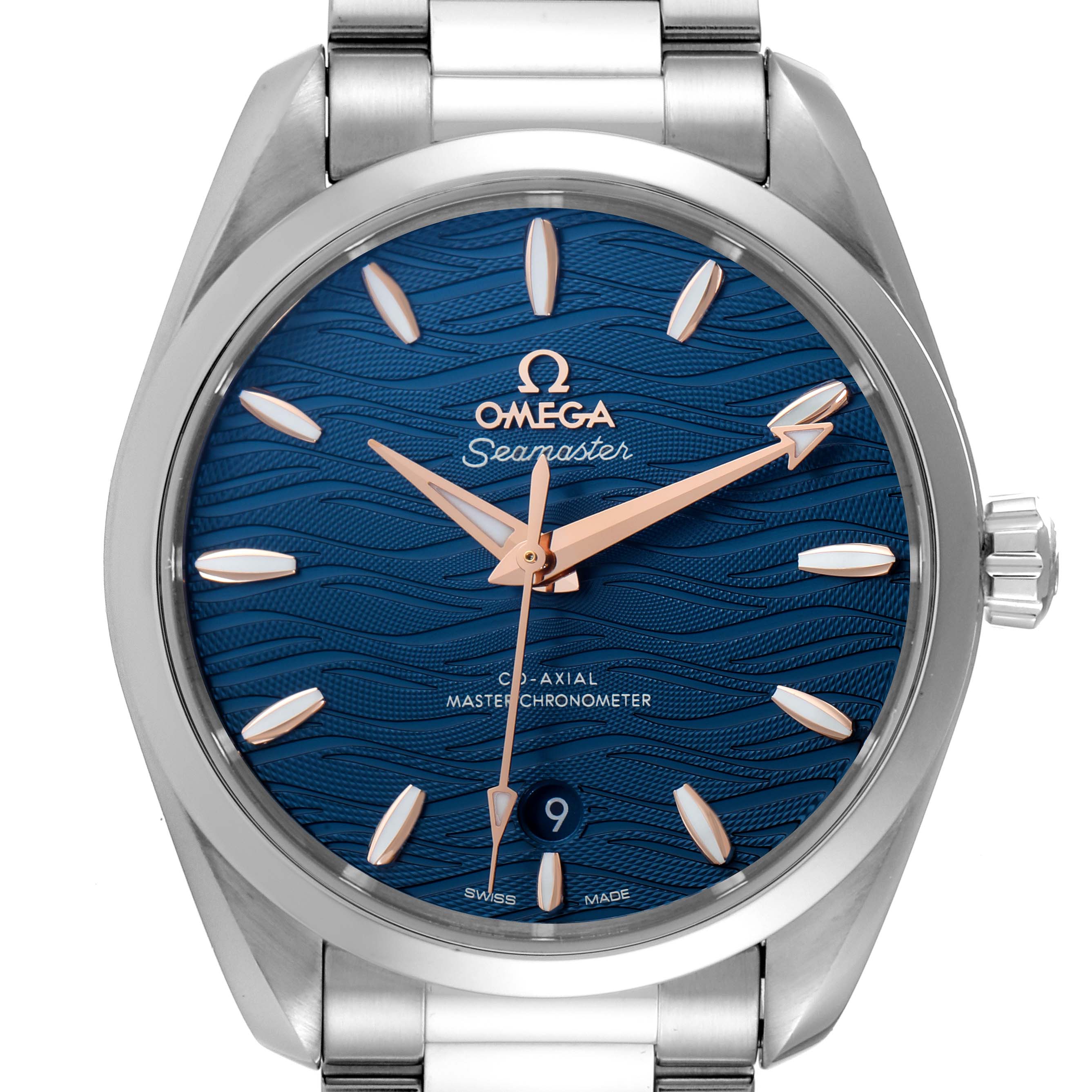 The image shows the face of an Omega Aqua Terra 220.10.38.20.03.002 Men
s Stainless Steel Blue Dial 220.10.38.20.03.002 Men
s Stainless Steel Blue Dial watch from a head-on angle, highlighting the dial, hands, indices, and bracelet top.