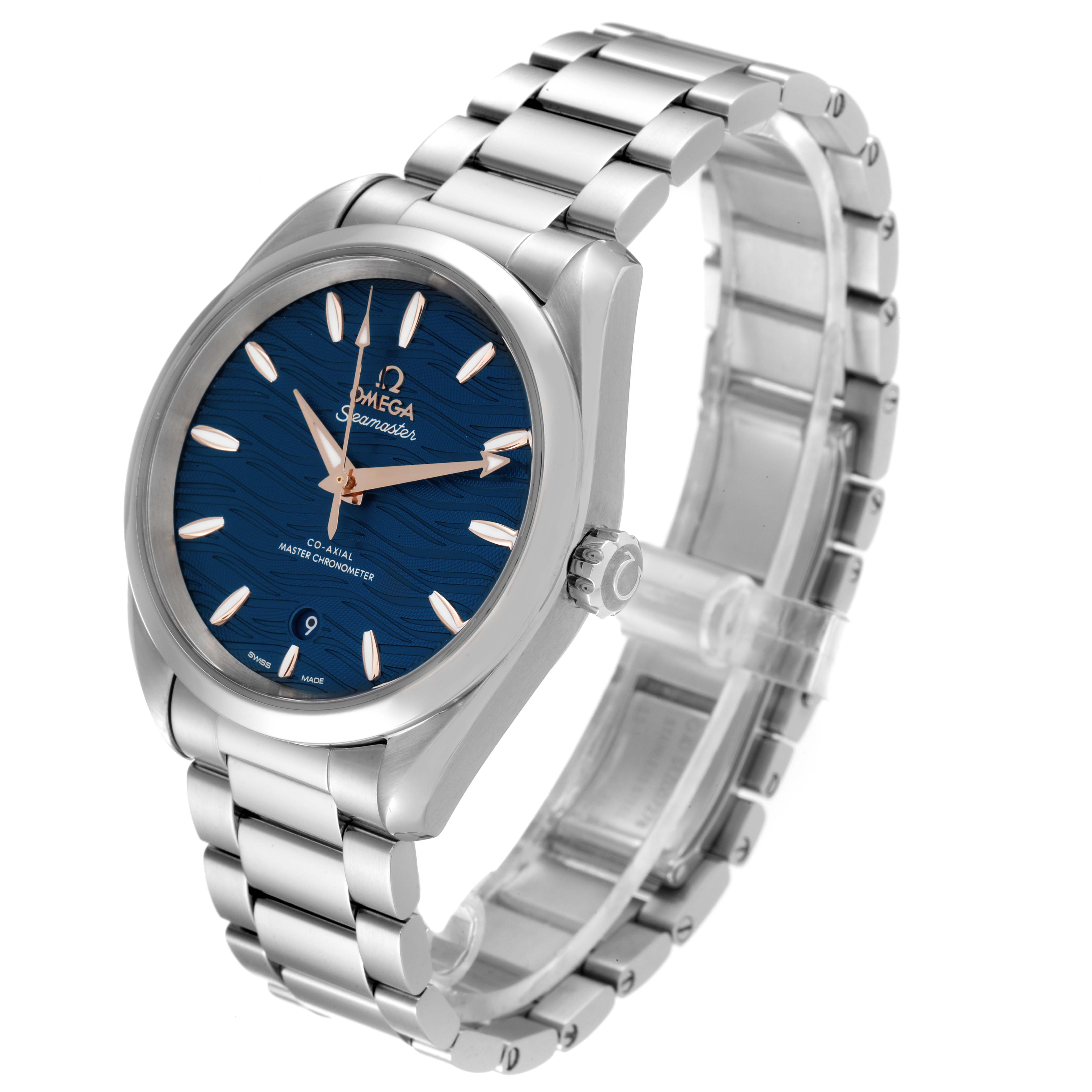 The Omega Aqua Terra 220.10.38.20.03.002 Men
s Stainless Steel Blue Dial 220.10.38.20.03.002 Men
s Stainless Steel Blue Dial watch is shown at a three-quarter angle, highlighting the face, bezel, and bracelet.