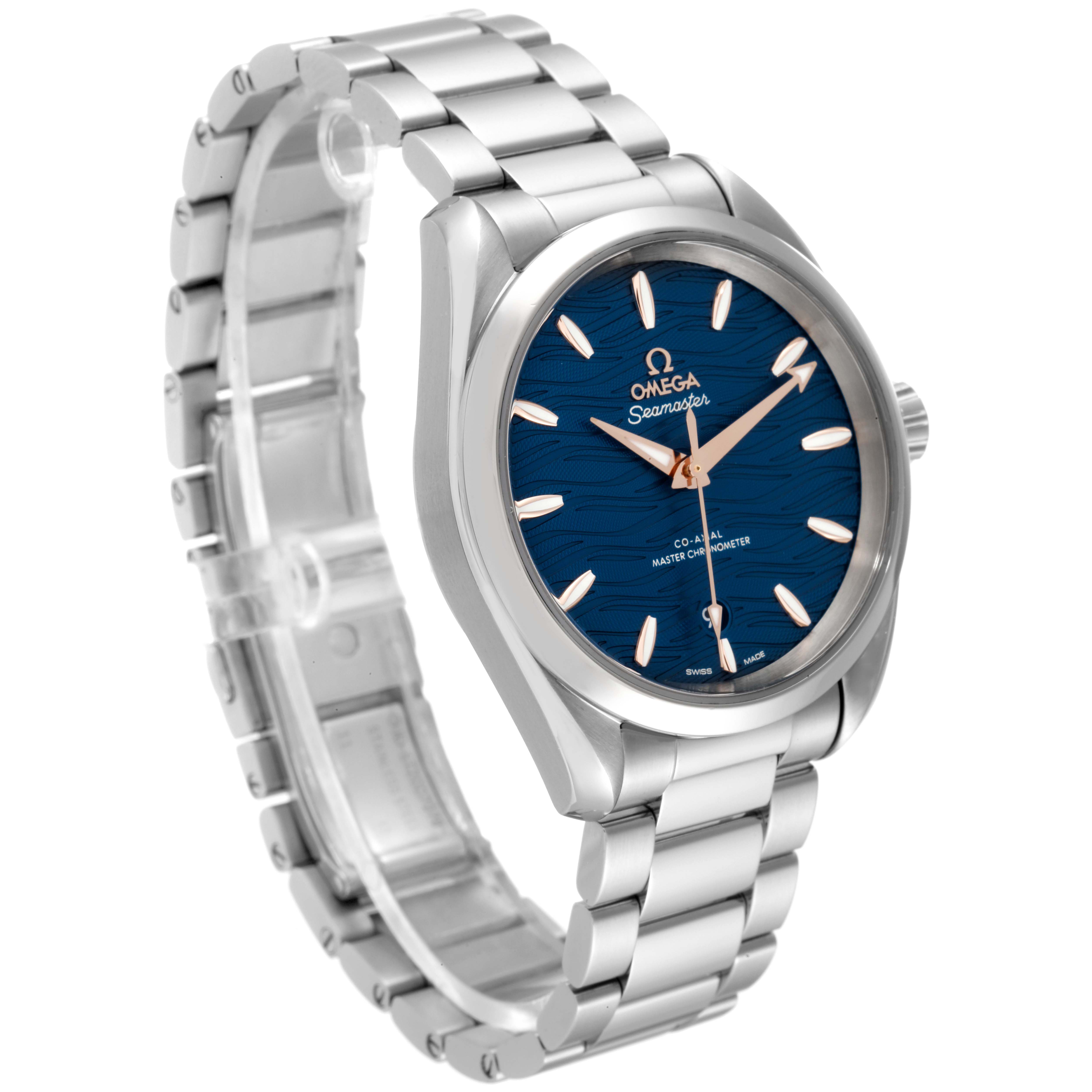 The Omega Aqua Terra 220.10.38.20.03.002 Men
s Stainless Steel Blue Dial 220.10.38.20.03.002 Men
s Stainless Steel Blue Dial watch is shown at an angled view, highlighting its blue face, bezel, and stainless steel bracelet.