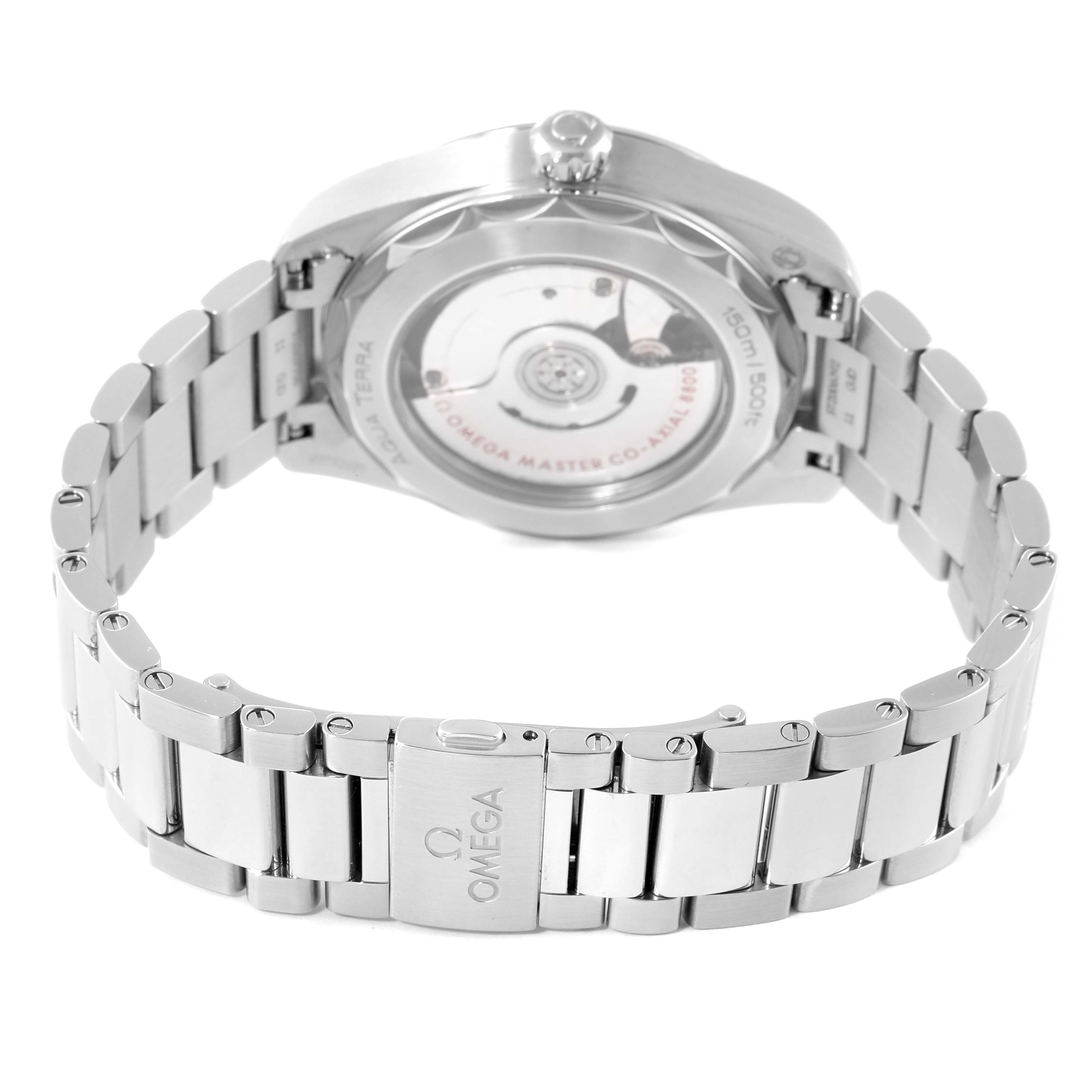 The image shows the Omega Aqua Terra 220.10.38.20.03.002 Men
s Stainless Steel Blue Dial 220.10.38.20.03.002 Men
s Stainless Steel Blue Dial watch from a rear angle, highlighting its open case back and metal bracelet.