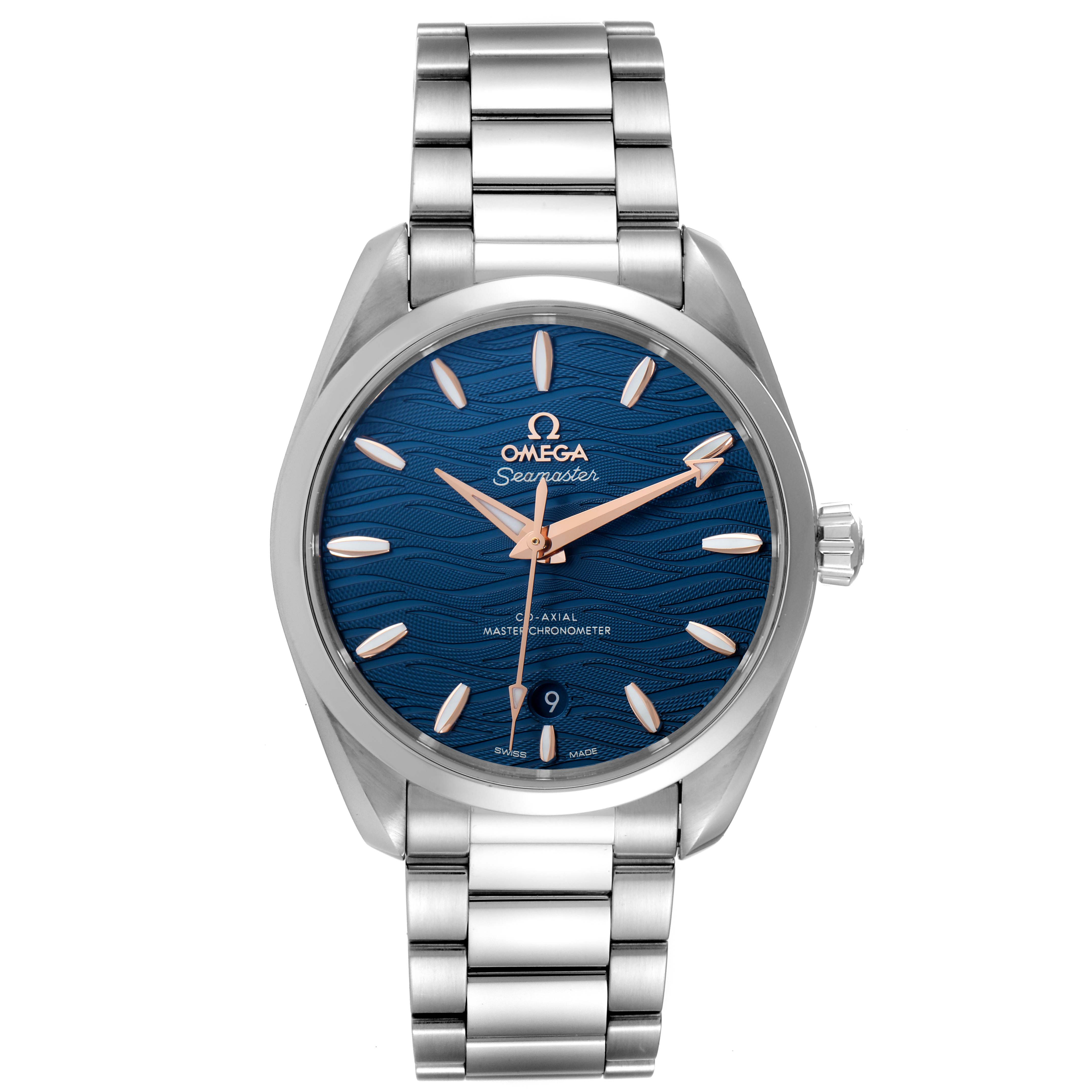 The image shows a front view of the Omega Aqua Terra 220.10.38.20.03.002 Men
s Stainless Steel Blue Dial 220.10.38.20.03.002 Men
s Stainless Steel Blue Dial watch, highlighting the blue dial, silver bracelet, and crown.