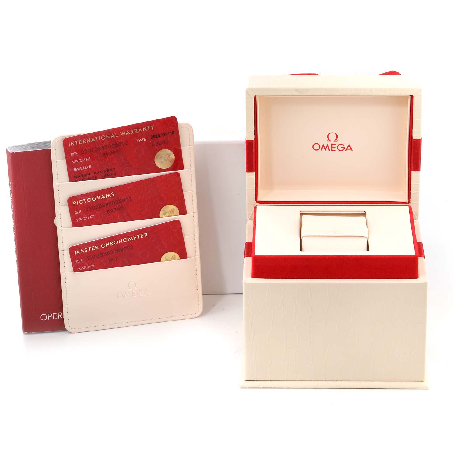 The image shows the accessories for an Omega Aqua Terra 220.10.38.20.03.002 Men
s Stainless Steel Blue Dial 220.10.38.20.03.002 Men
s Stainless Steel Blue Dial watch, including the box, international warranty, pictograms, and master chronometer cards.