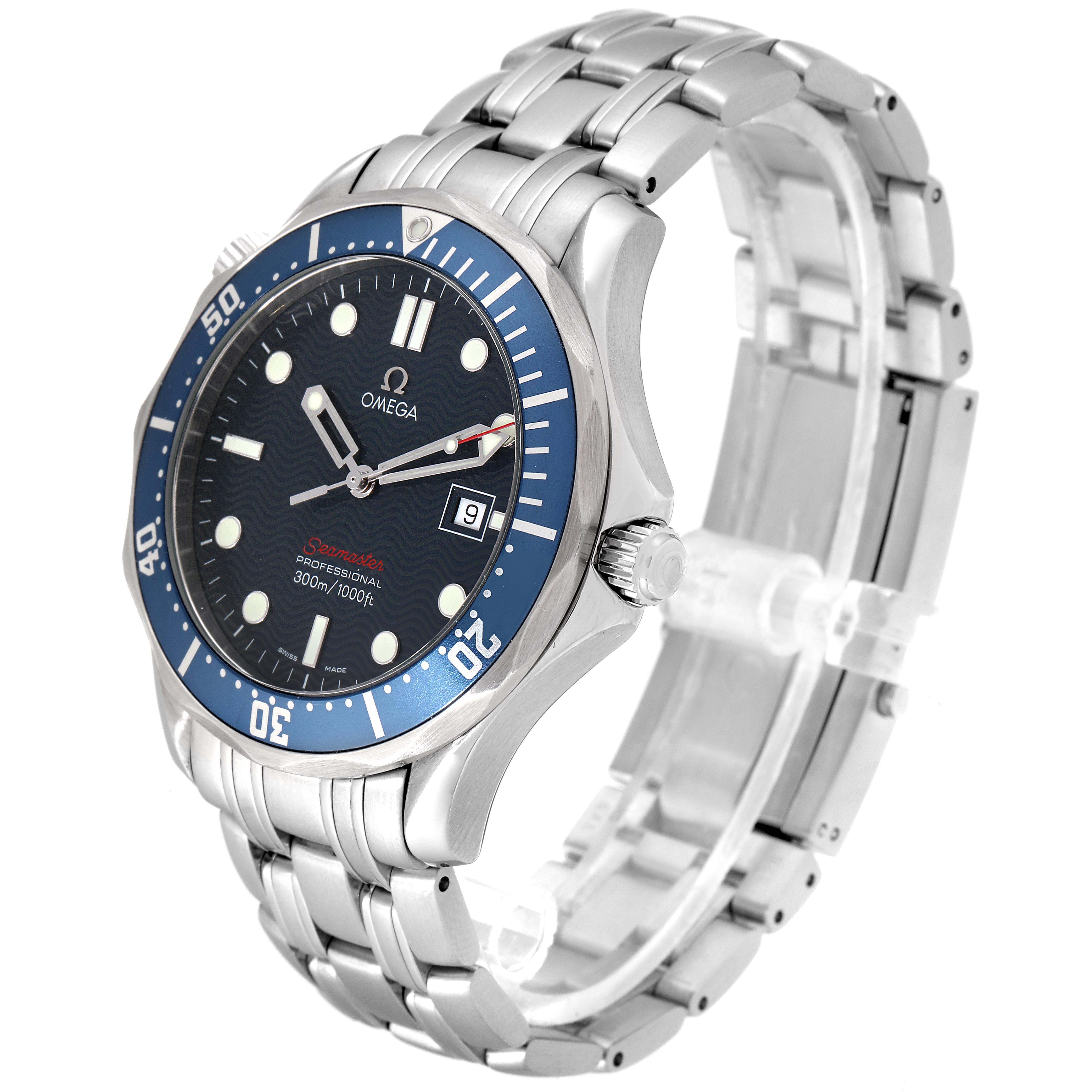 The image shows the Omega Seamaster 2221.80.00 Men
s Stainless Steel Blue Dial 2221.80.00 Men
s Stainless Steel Blue Dial watch at a three-quarter angle highlighting its face, bezel, crown, and bracelet.