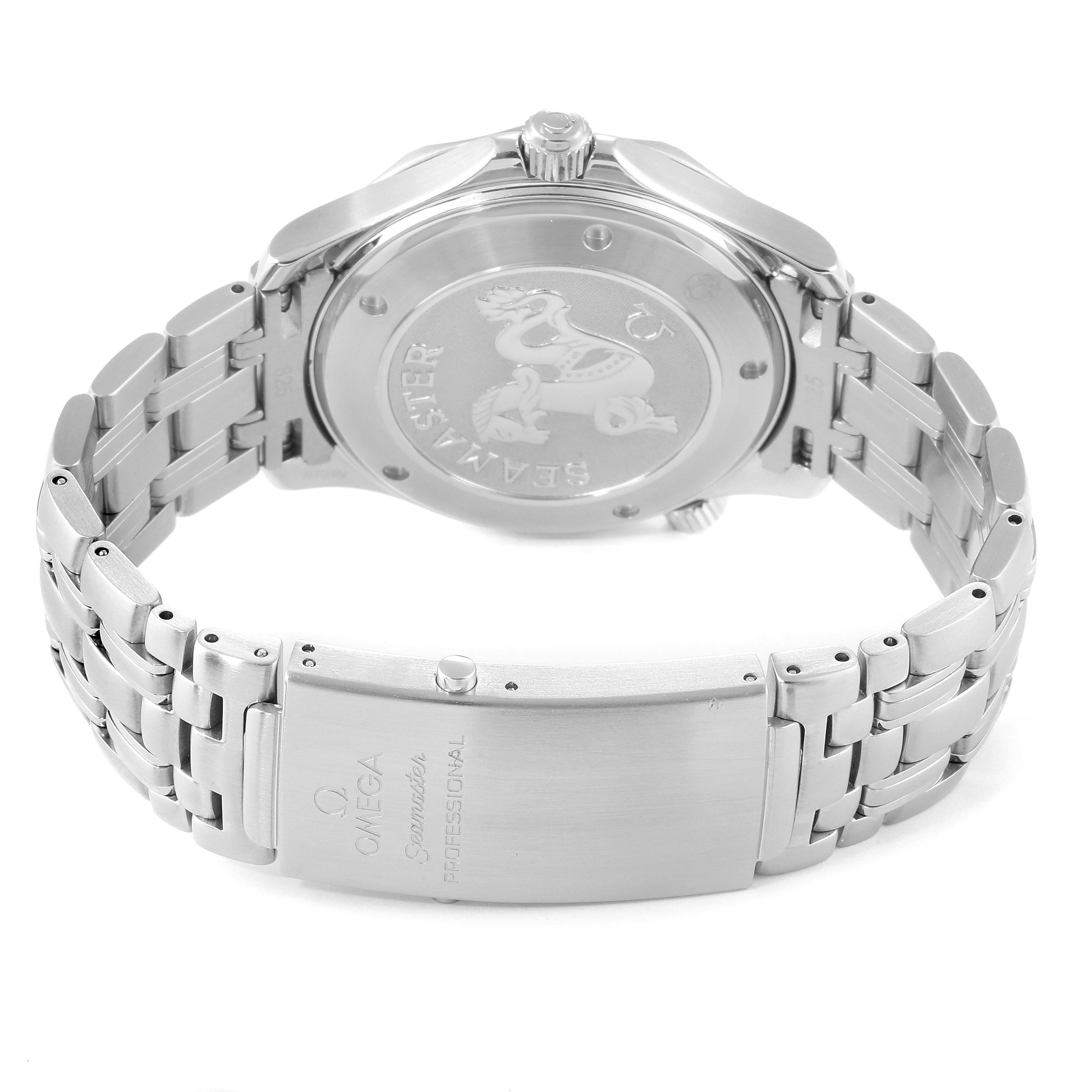 The image shows the back case and bracelet of an Omega Seamaster 2221.80.00 Men
s Stainless Steel Blue Dial 2221.80.00 Men
s Stainless Steel Blue Dial watch from a rear angle.