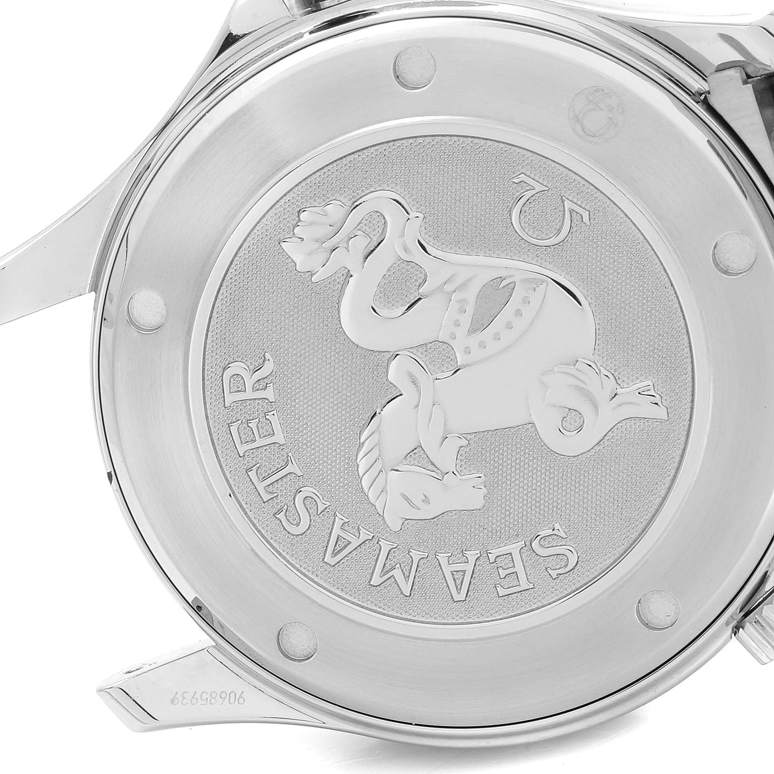 The image shows the back case of an Omega Seamaster 2221.80.00 Men
s Stainless Steel Blue Dial 2221.80.00 Men
s Stainless Steel Blue Dial watch featuring the embossed logo.