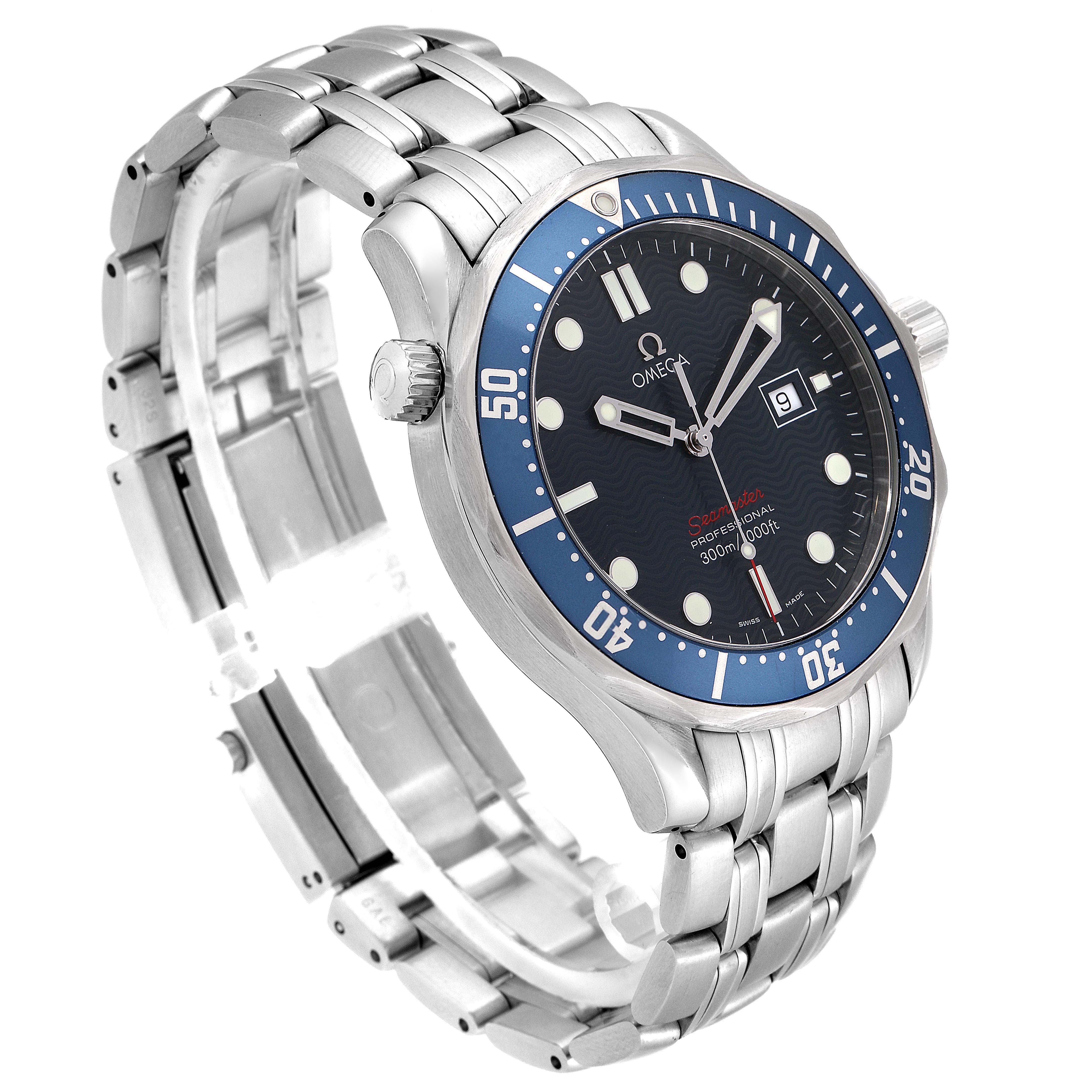 This image shows an Omega Seamaster 2221.80.00 Men
s Stainless Steel Blue Dial 2221.80.00 Men
s Stainless Steel Blue Dial watch at a three-quarter angle, highlighting its bezel, dial, and stainless steel bracelet.