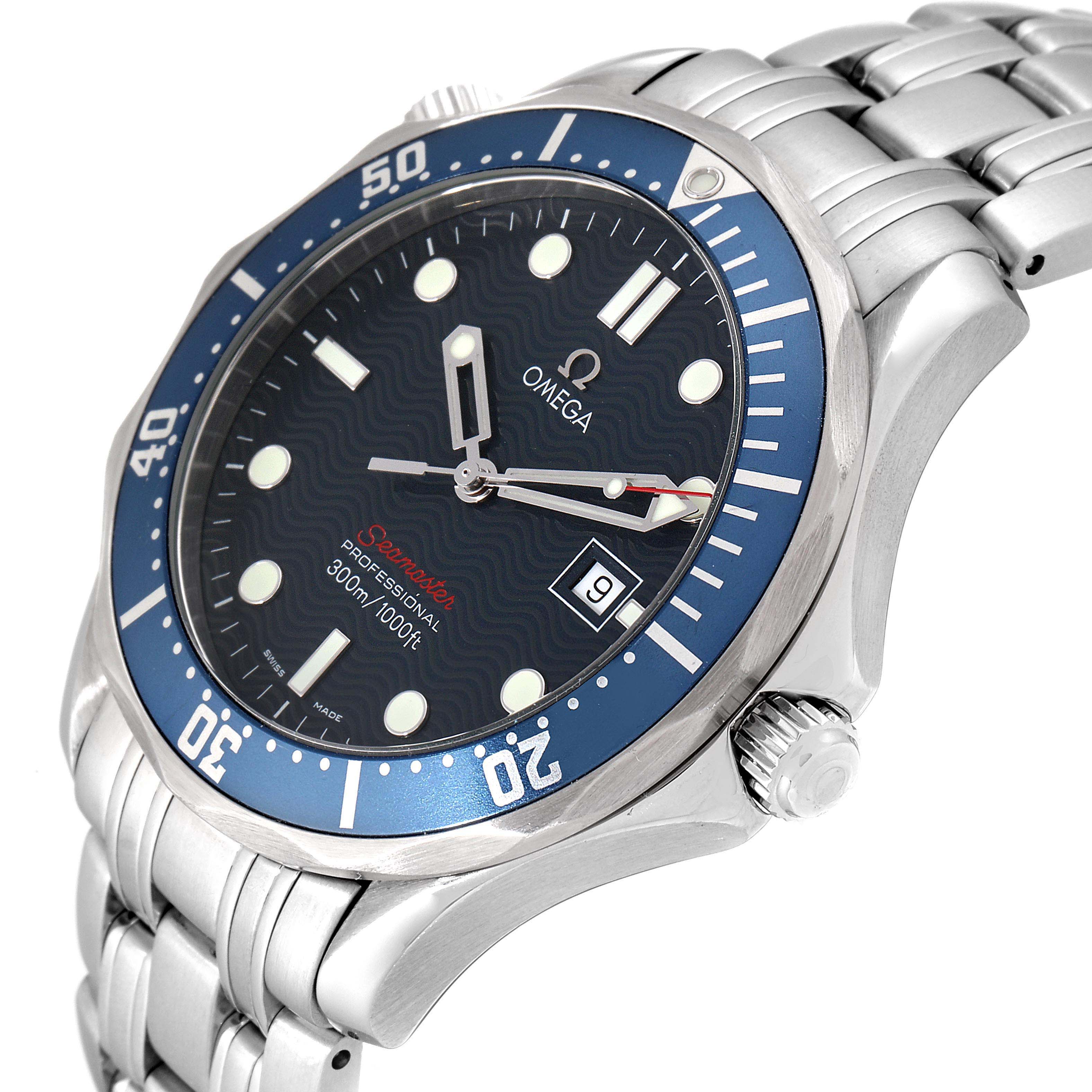 The image shows a side view of the Omega Seamaster 2221.80.00 Men
s Stainless Steel Blue Dial 2221.80.00 Men
s Stainless Steel Blue Dial watch, highlighting the dial, bezel, and stainless steel bracelet.