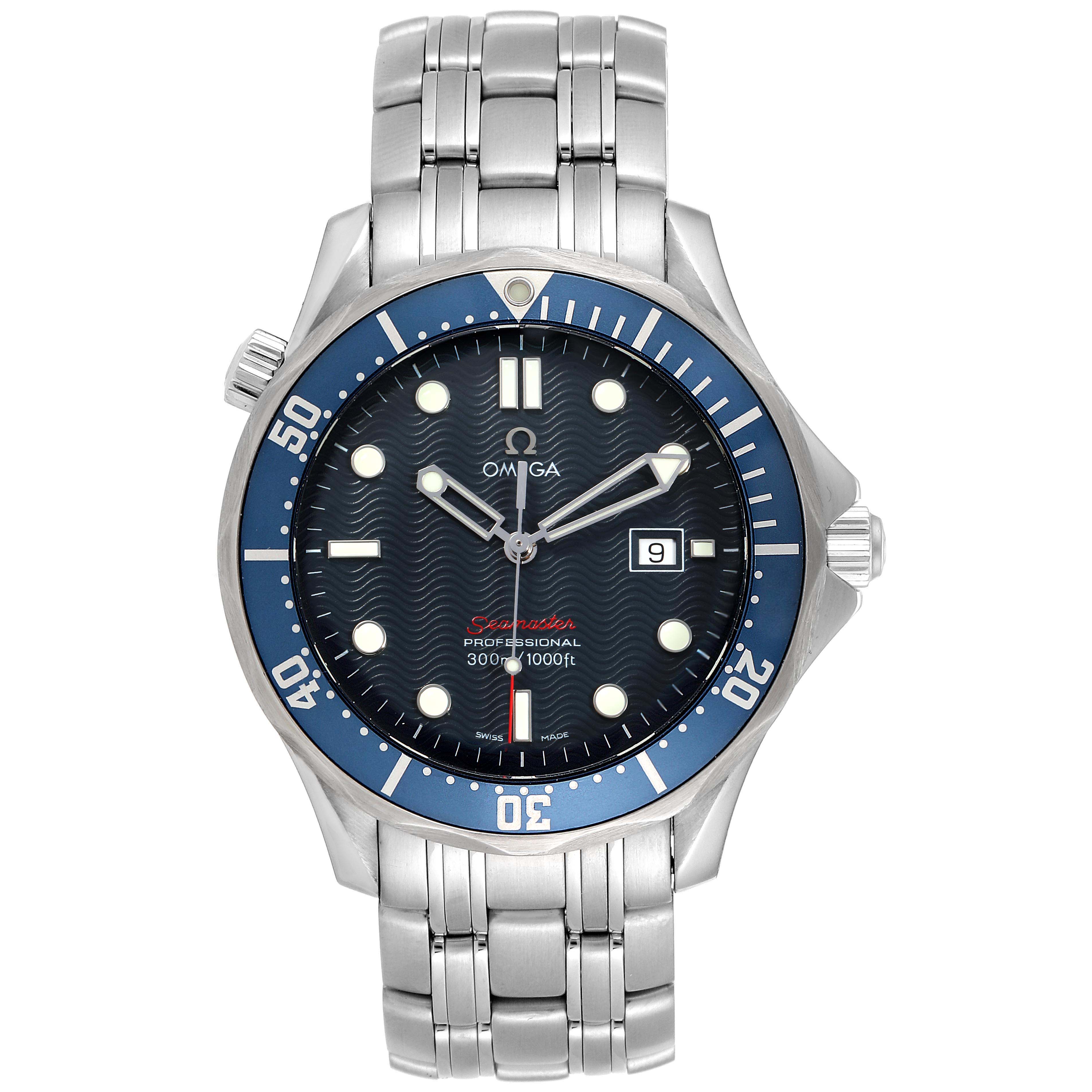 This image shows a front view of the Omega Seamaster 2221.80.00 Men
s Stainless Steel Blue Dial 2221.80.00 Men
s Stainless Steel Blue Dial watch, highlighting the dial, bezel, and stainless steel bracelet.