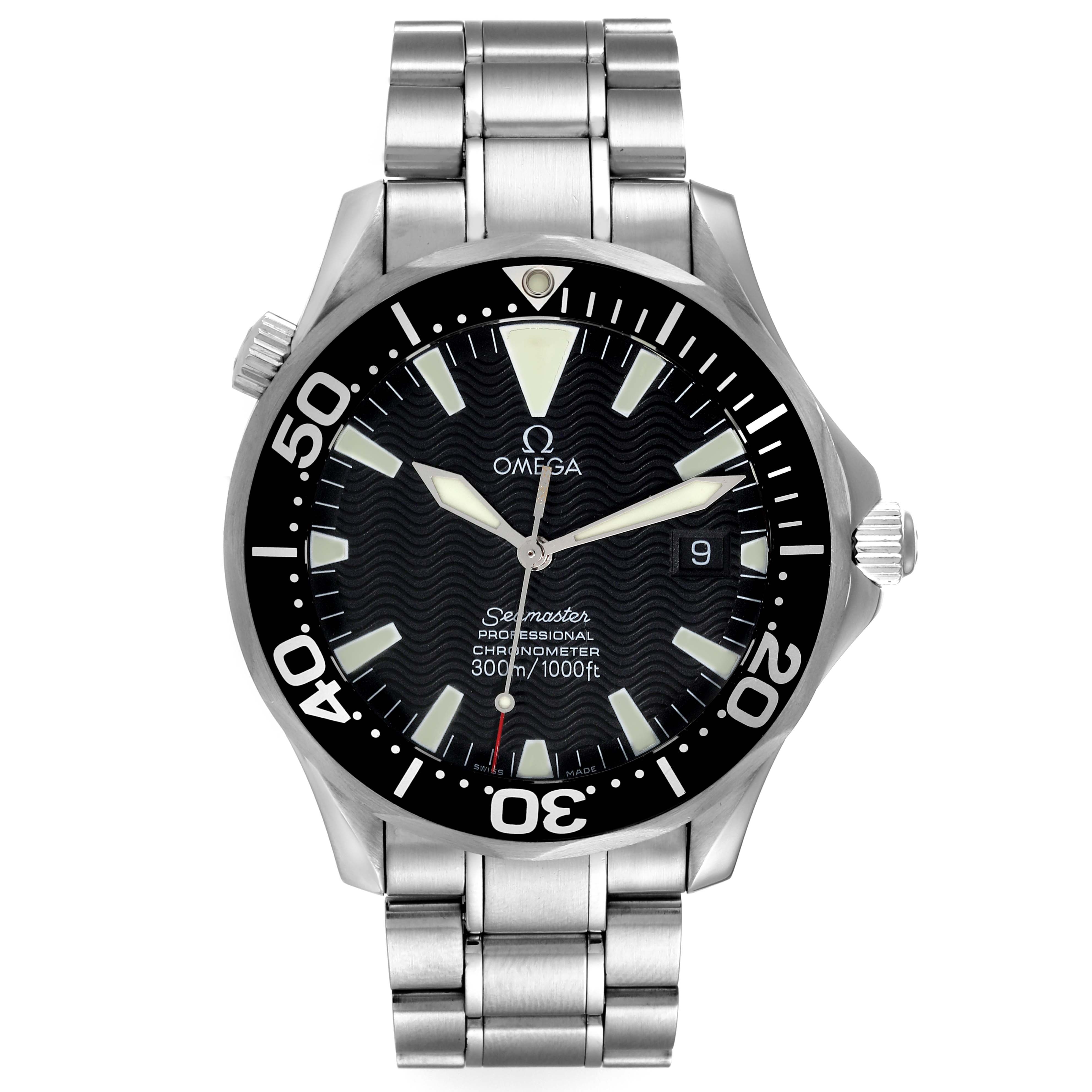 Front view of the Omega Seamaster 2254.50.00 Men's Stainless Steel Black Dial 2254.50.00 Men's Stainless Steel Black Dial watch, showing the dial, bezel, and stainless steel bracelet.