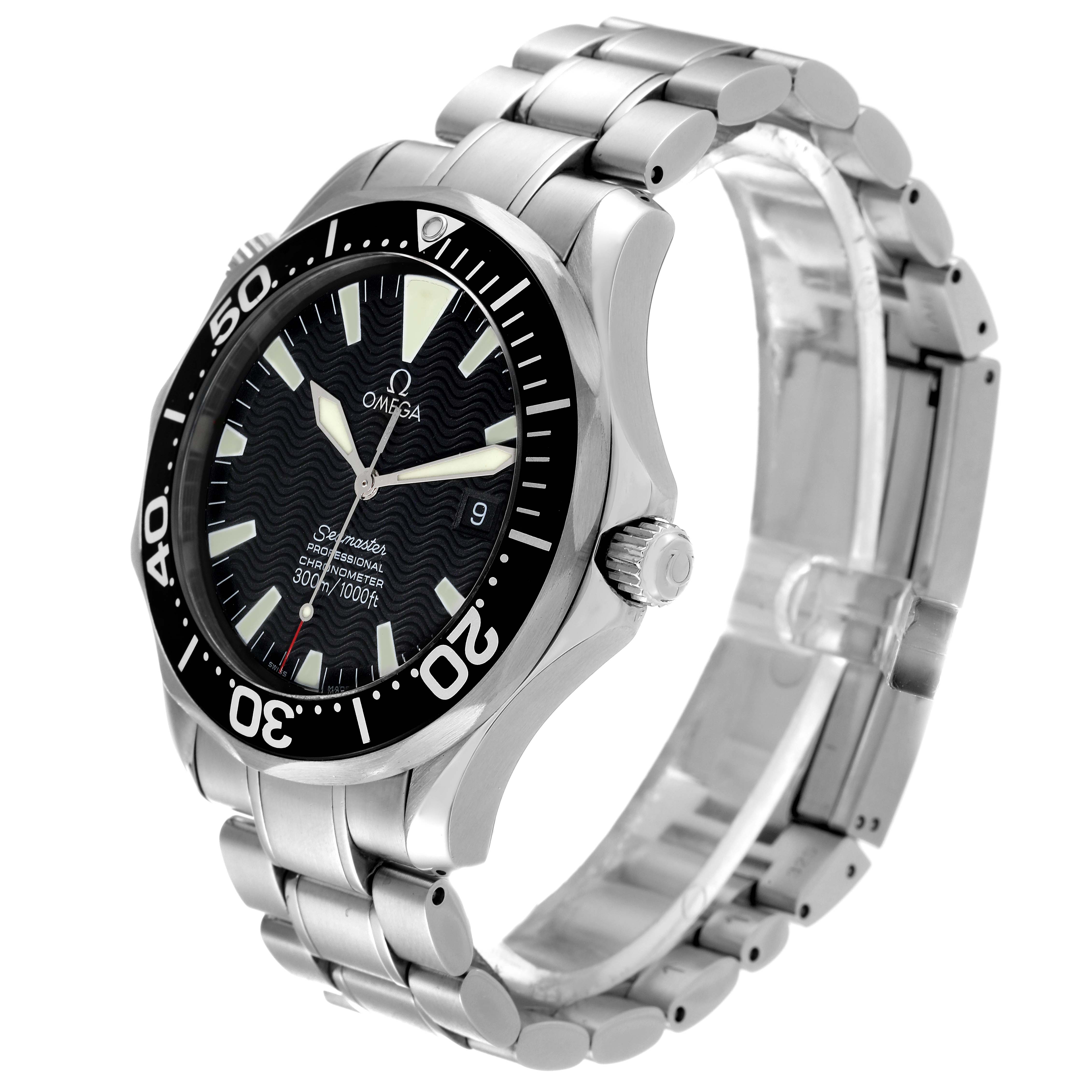 The image shows an Omega Seamaster 2254.50.00 Men's Stainless Steel Black Dial 2254.50.00 Men's Stainless Steel Black Dial watch at an oblique angle, highlighting the dial, bezel, crown, and metal bracelet.
