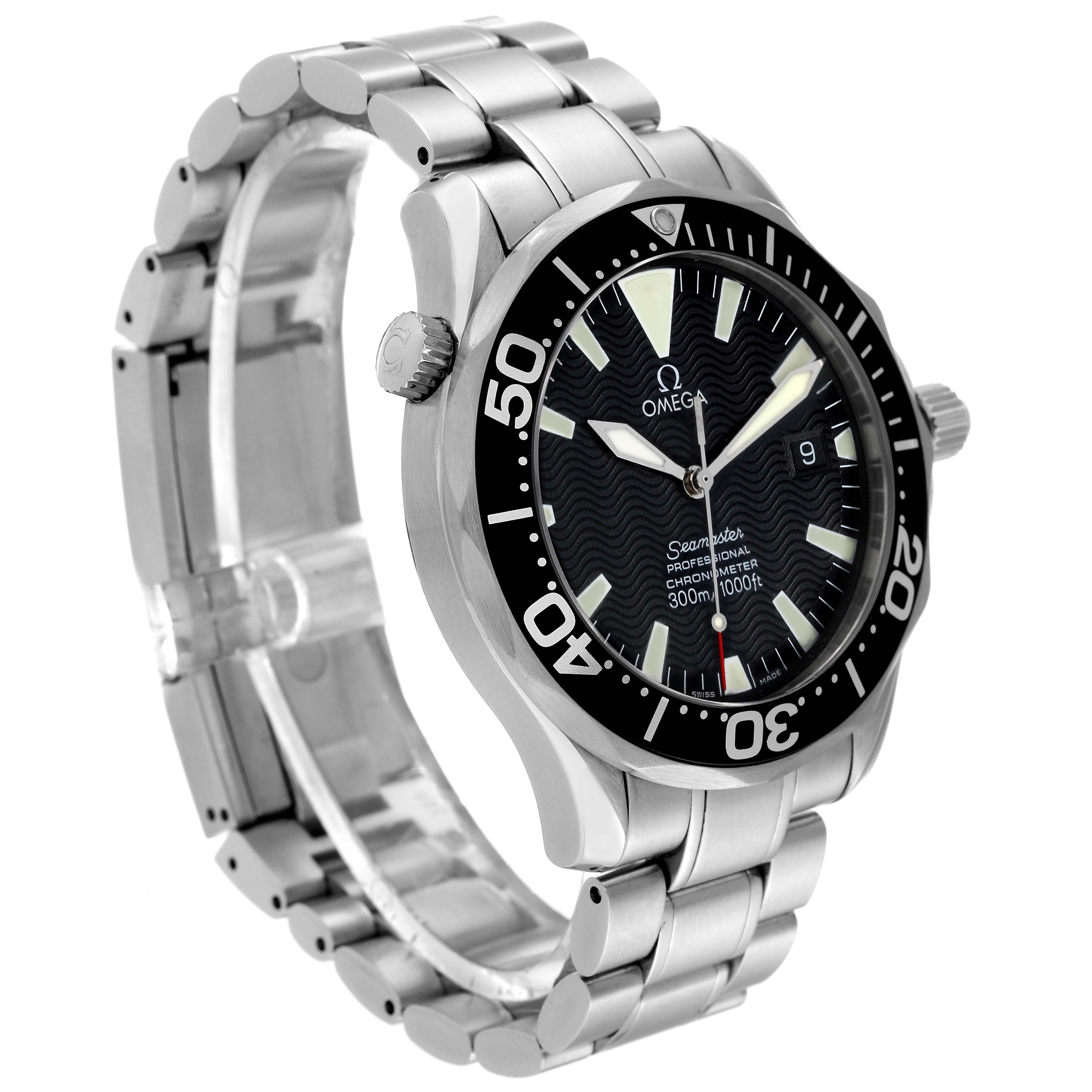 This image shows an Omega Seamaster 2254.50.00 Men's Stainless Steel Black Dial 2254.50.00 Men's Stainless Steel Black Dial watch from a three-quarter angle, displaying the dial, bezel, crown, and bracelet.