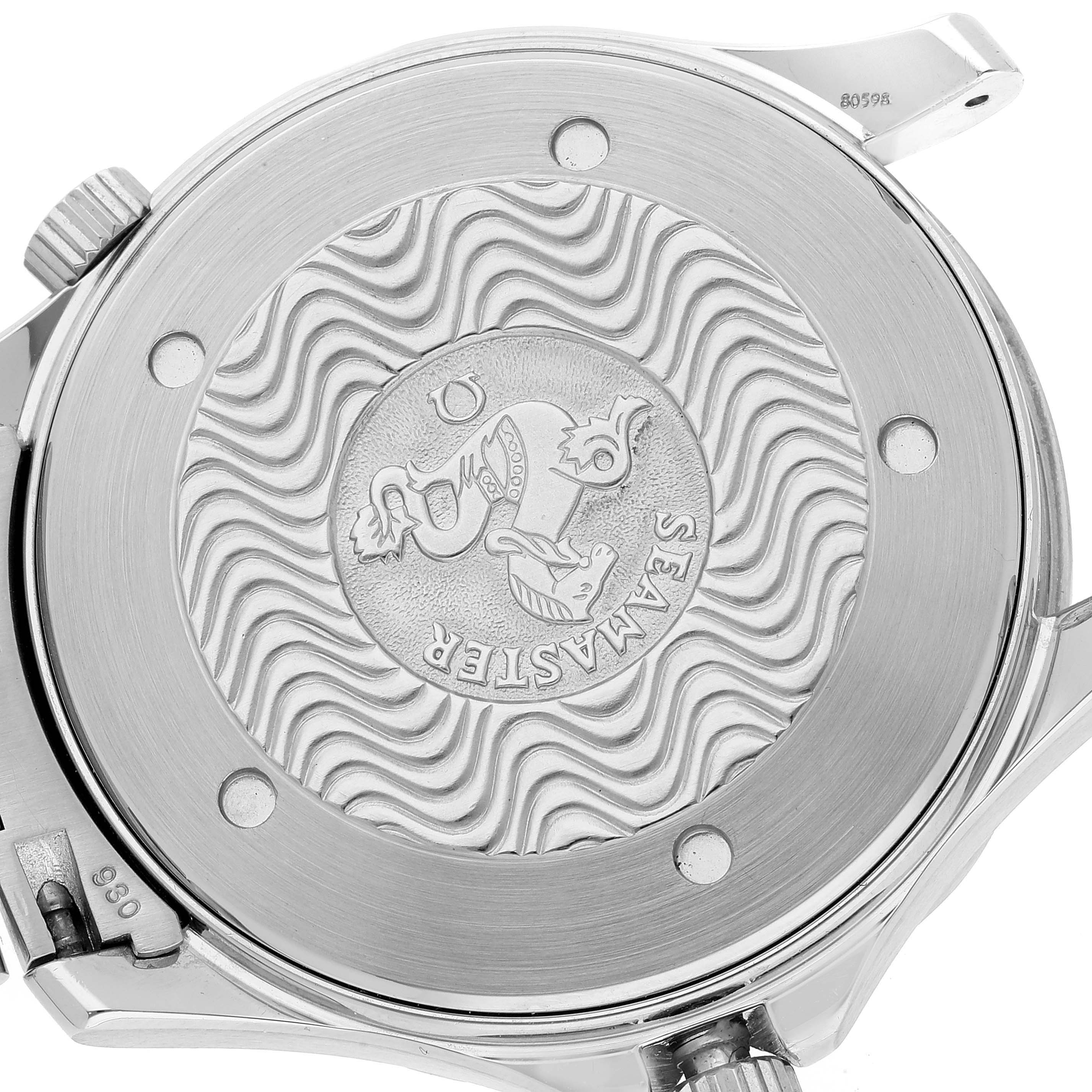 The image shows the back case of the Omega Seamaster 2254.50.00 Men's Stainless Steel Black Dial 2254.50.00 Men's Stainless Steel Black Dial watch, highlighting its intricate wave pattern and engraved emblem.