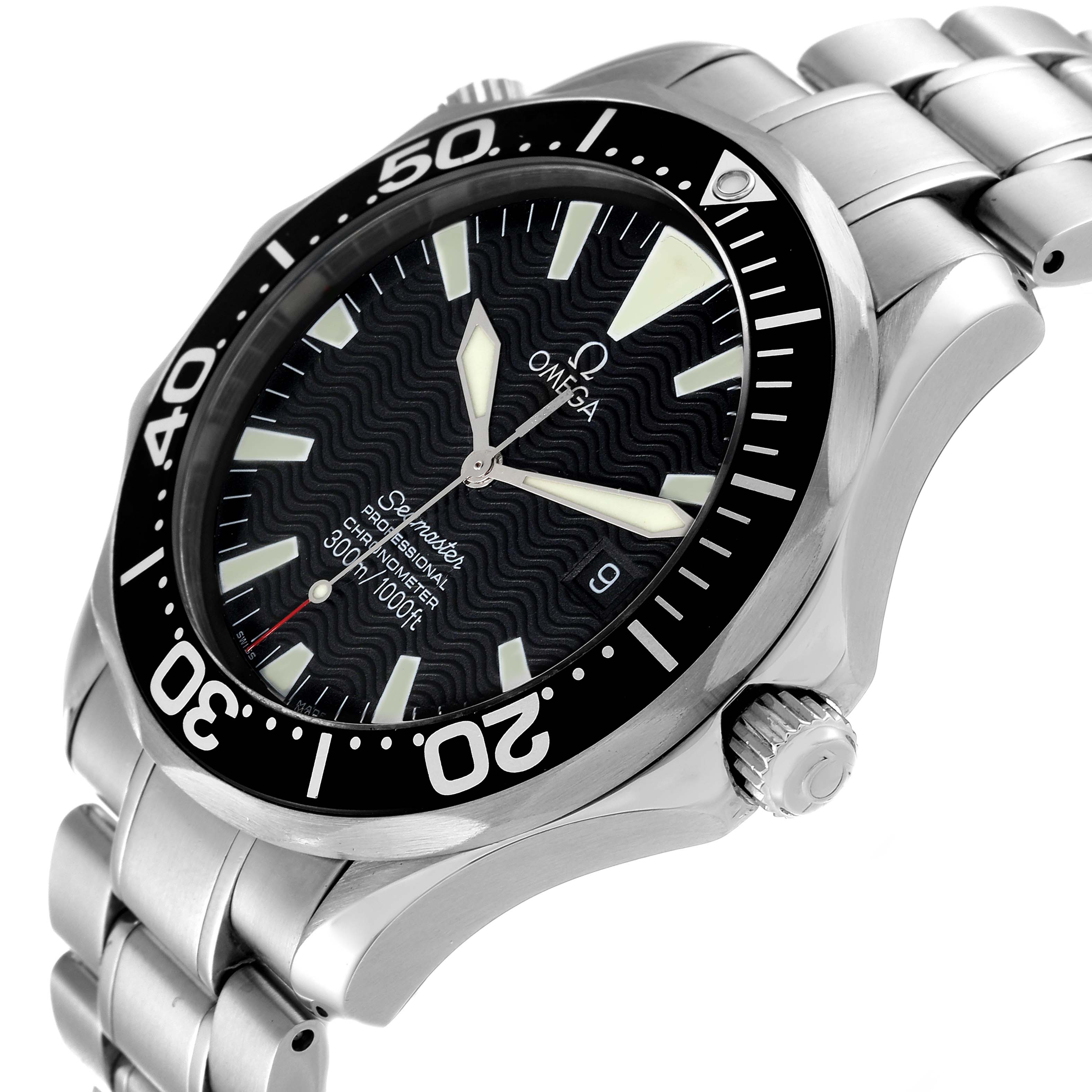 The image shows a side view of an Omega Seamaster 2254.50.00 Men's Stainless Steel Black Dial 2254.50.00 Men's Stainless Steel Black Dial watch highlighting its bezel, dial, crown, and bracelet.