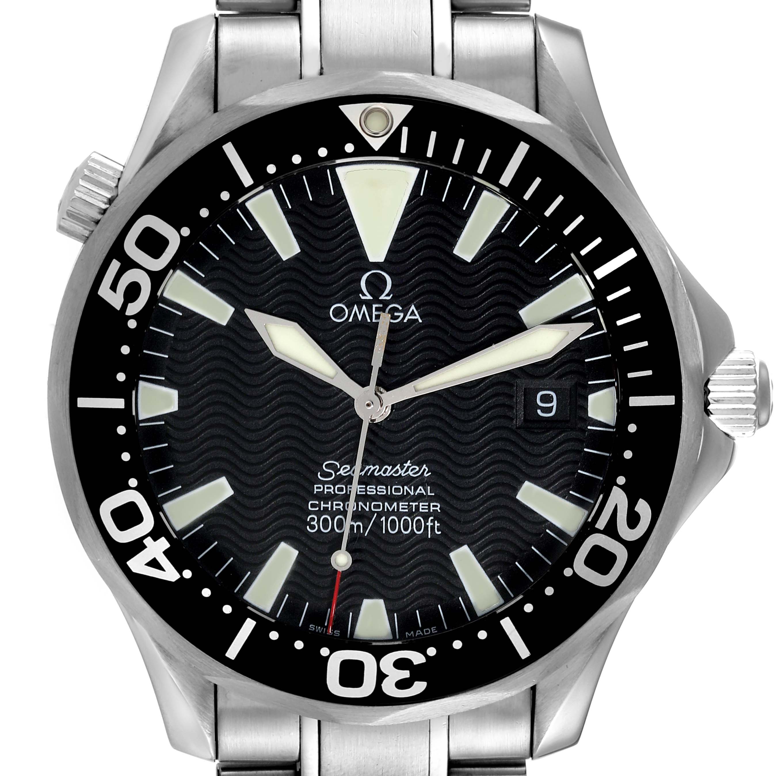 The image shows a front view of the Omega Seamaster 2254.50.00 Men's Stainless Steel Black Dial 2254.50.00 Men's Stainless Steel Black Dial watch displaying the face, bezel, and part of the metal bracelet.