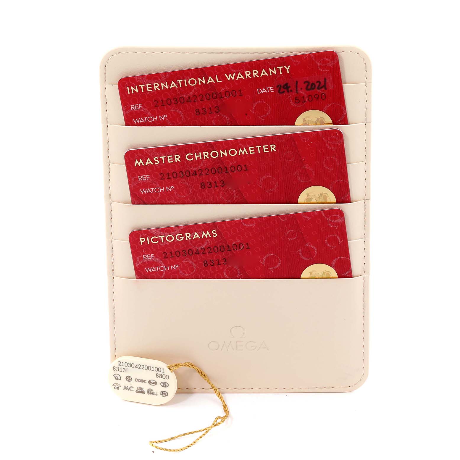 The image shows the warranty cards and certificate in a holder for the Omega Seamaster 210.30.42.20.01.001 Men's Stainless Steel Black Dial 210.30.42.20.01.001 Men's Stainless Steel Black Dial watch.