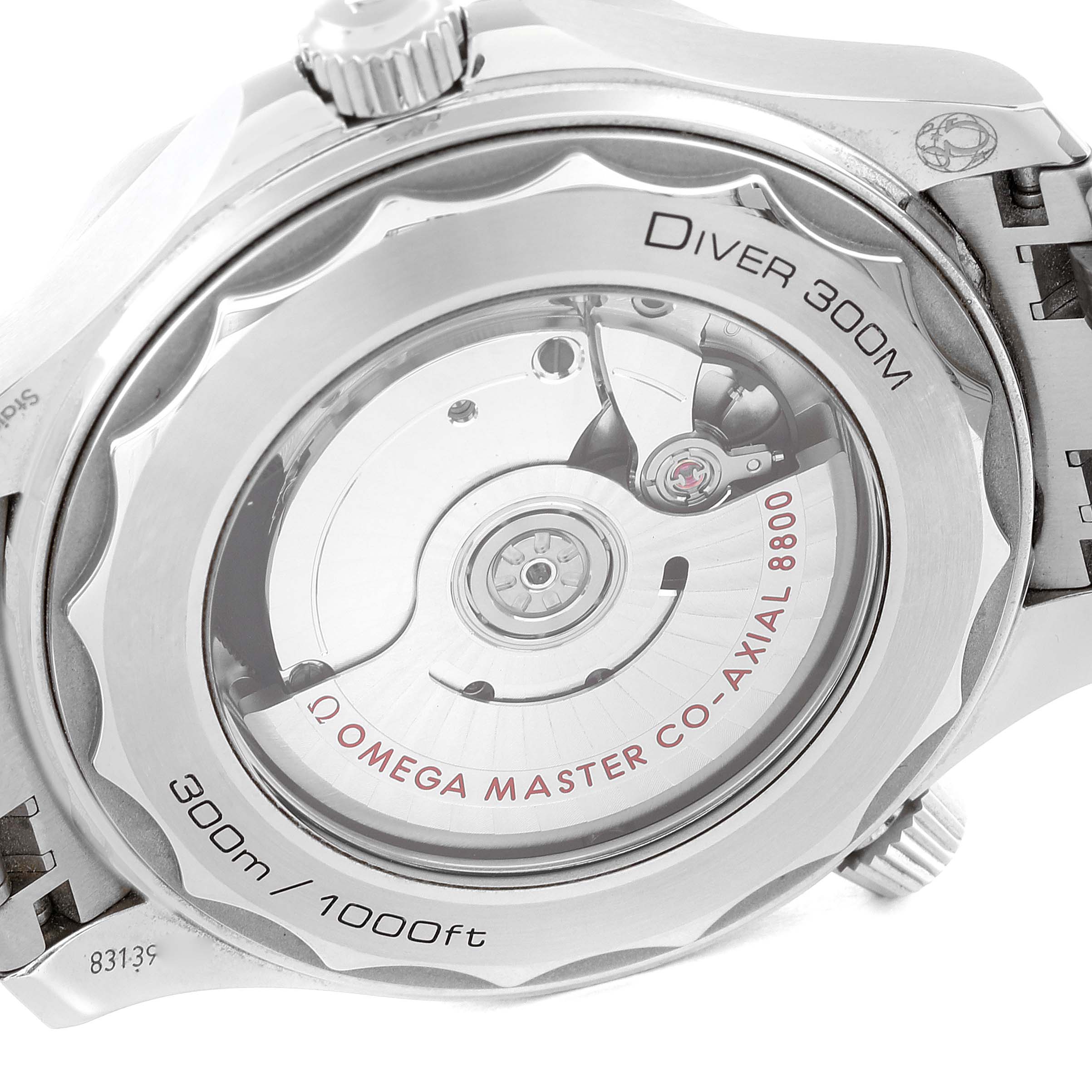 This image shows the case back of an Omega Seamaster 210.30.42.20.01.001 Men's Stainless Steel Black Dial 210.30.42.20.01.001 Men's Stainless Steel Black Dial Diver 300m, highlighting the movement and specifications.