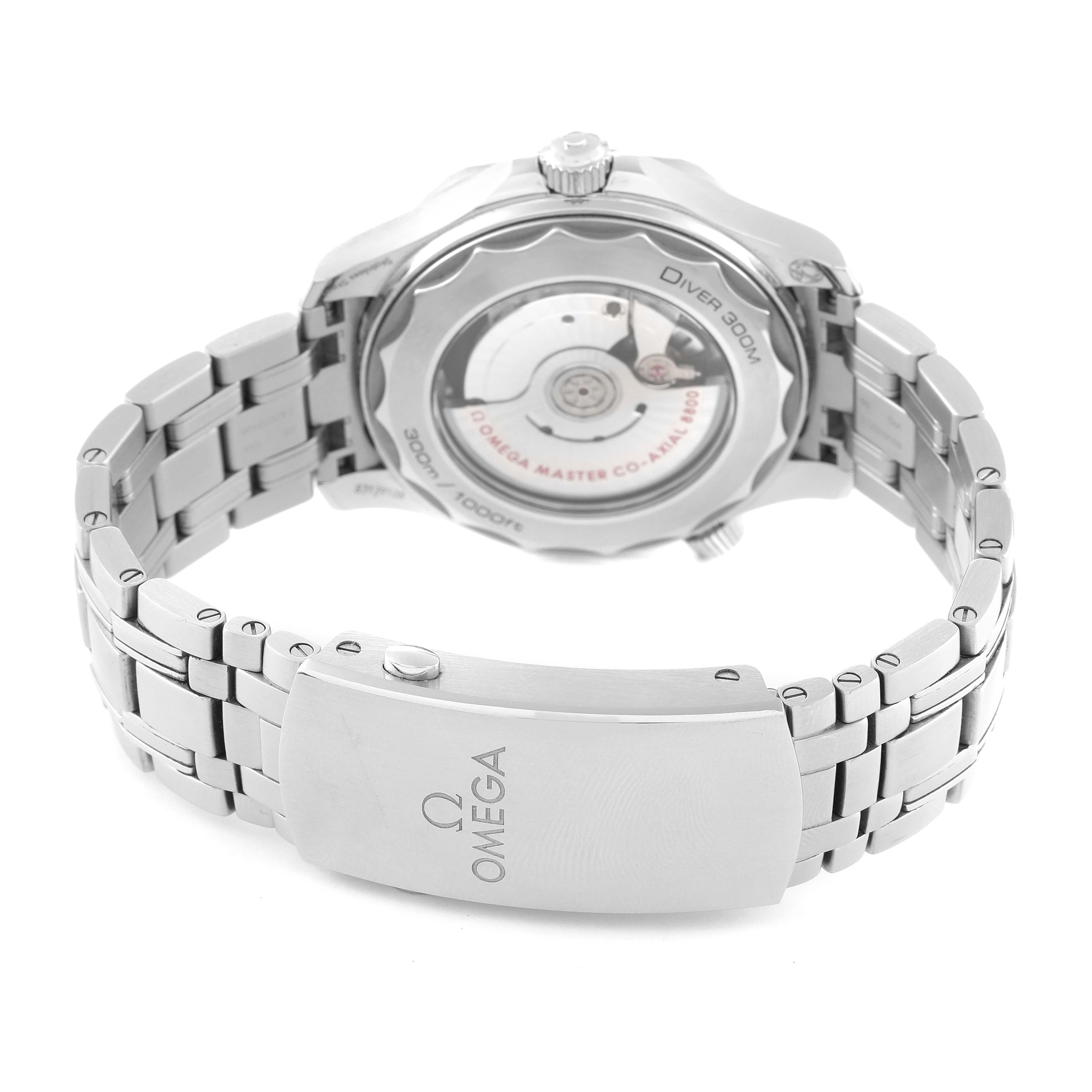 This image shows the back and bracelet clasp of the Omega Seamaster 210.30.42.20.01.001 Men's Stainless Steel Black Dial 210.30.42.20.01.001 Men's Stainless Steel Black Dial watch, displaying its movement and engraved logo.