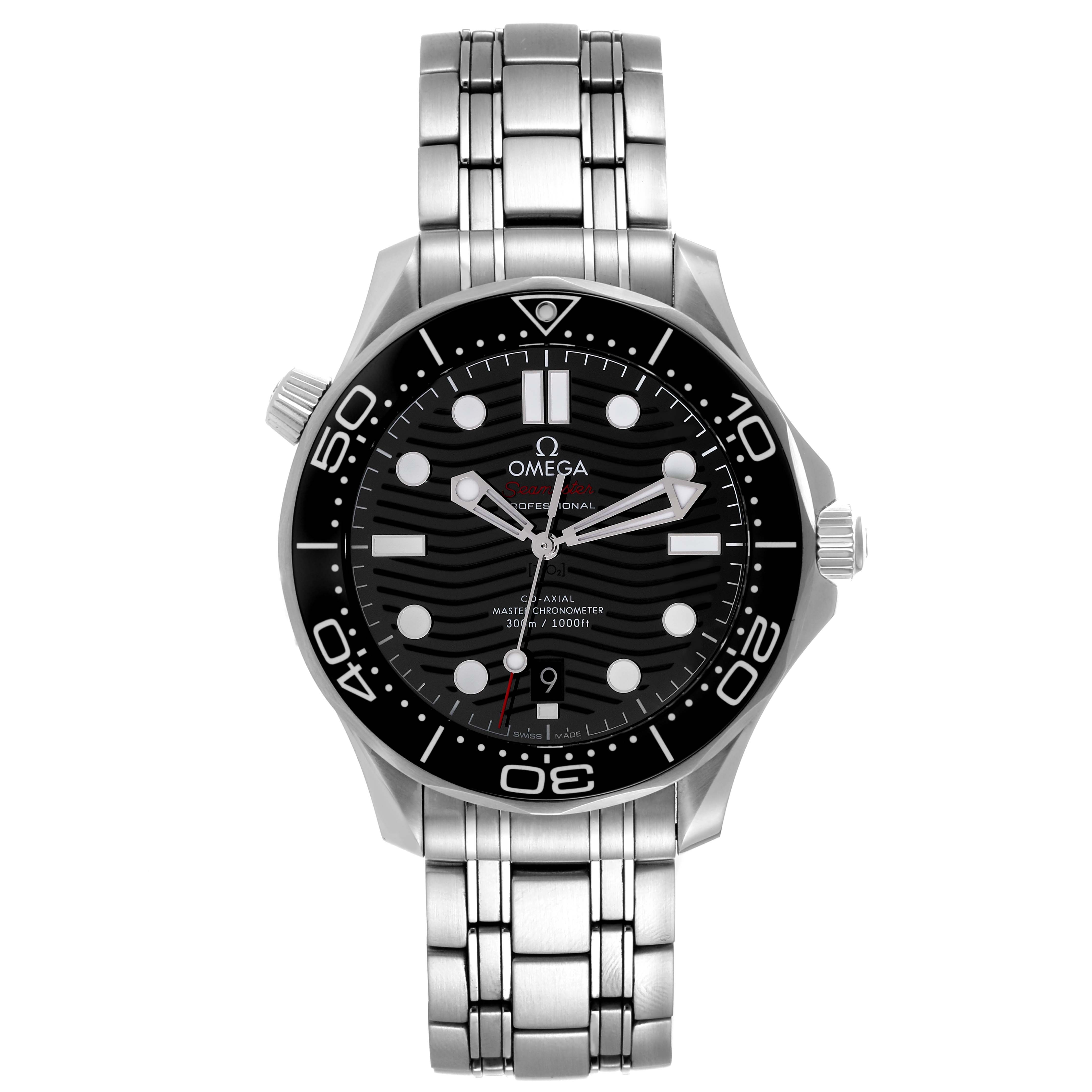 The image displays a front view of an Omega Seamaster 210.30.42.20.01.001 Men's Stainless Steel Black Dial 210.30.42.20.01.001 Men's Stainless Steel Black Dial watch, showcasing the dial, bezel, crown, and stainless steel bracelet.