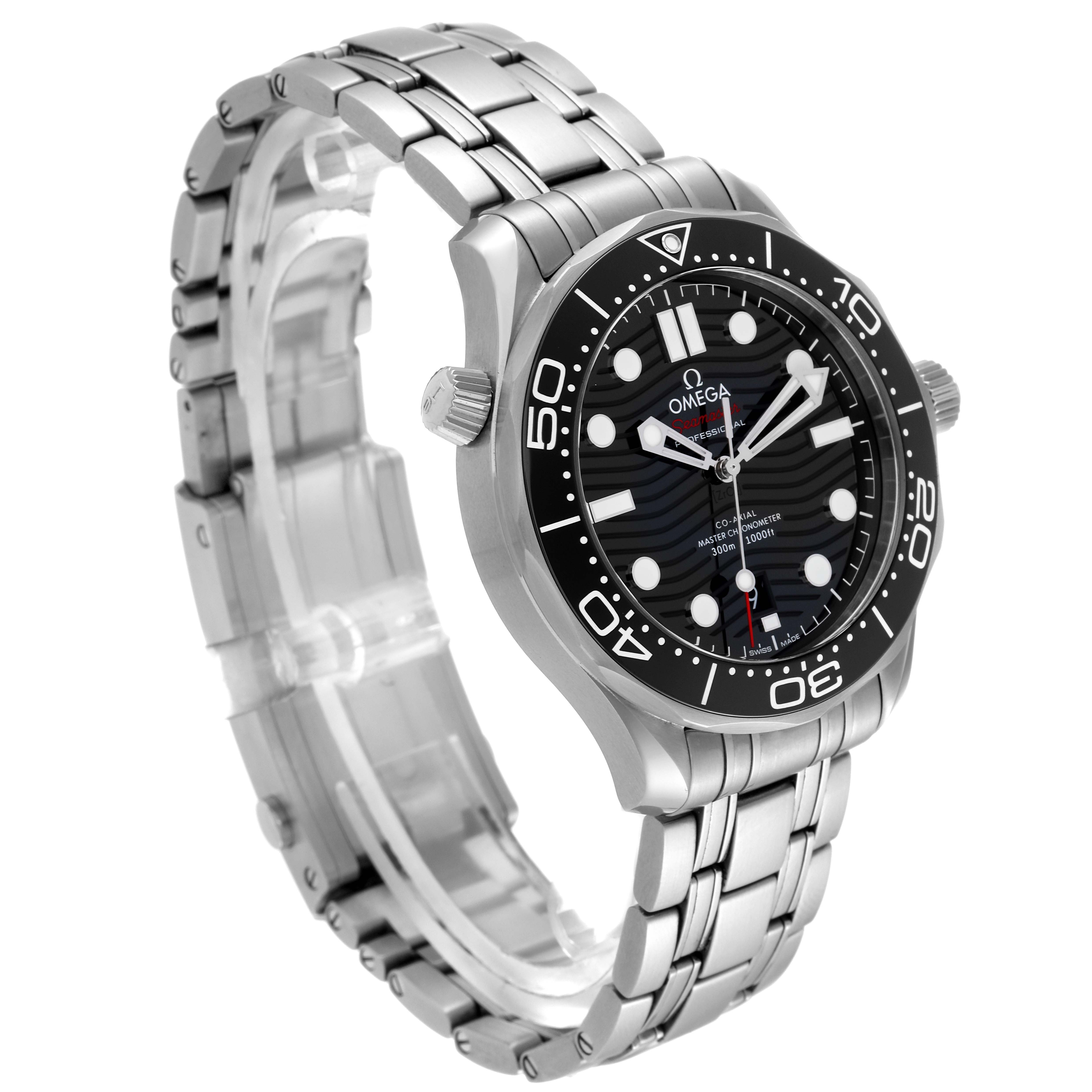 This image shows a three-quarter view of the Omega Seamaster 210.30.42.20.01.001 Men's Stainless Steel Black Dial 210.30.42.20.01.001 Men's Stainless Steel Black Dial watch, highlighting the dial, bezel, crown, and stainless steel bracelet.