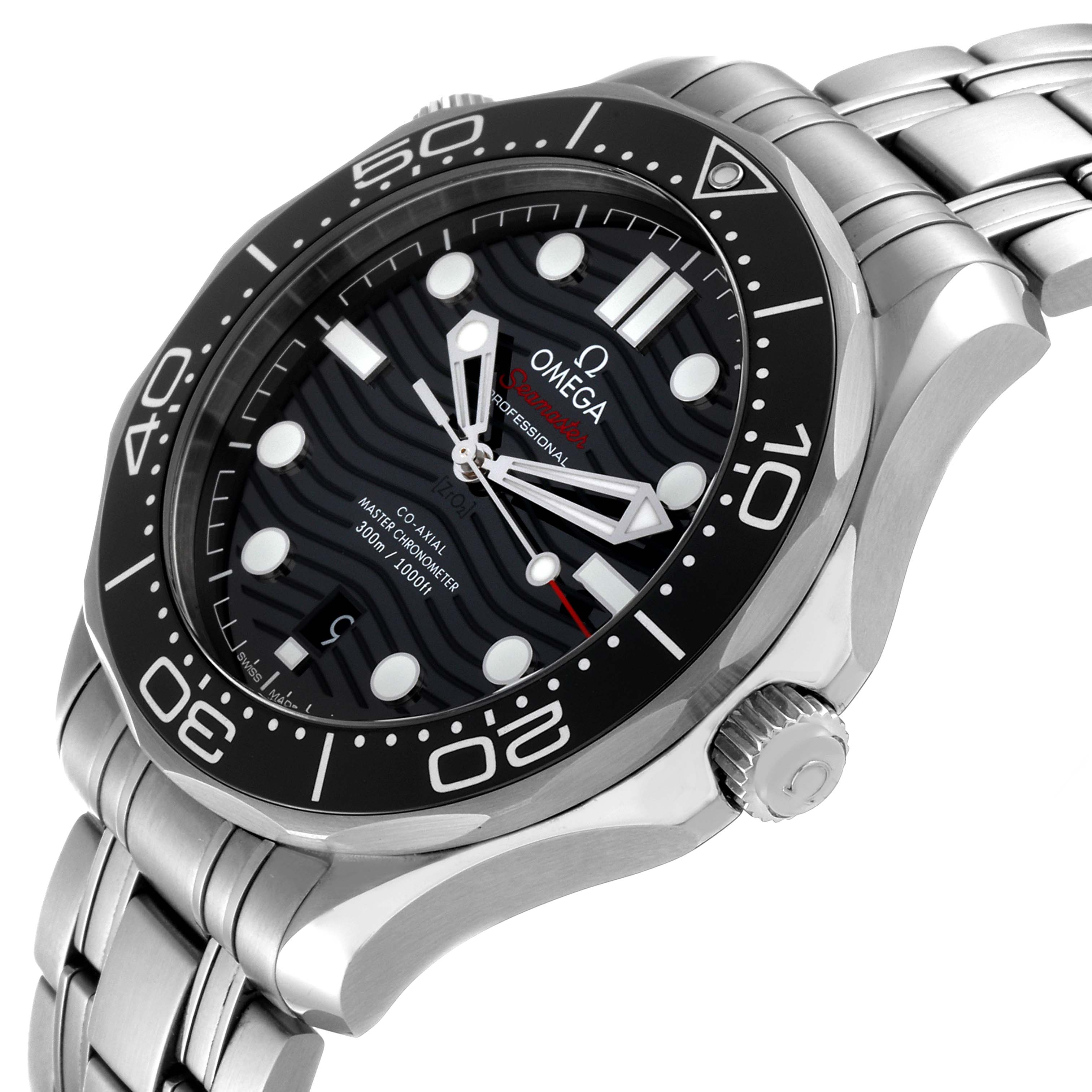 The image shows an angled view of the Omega Seamaster 210.30.42.20.01.001 Men's Stainless Steel Black Dial 210.30.42.20.01.001 Men's Stainless Steel Black Dial watch, highlighting the bezel, dial, hands, and part of the bracelet.