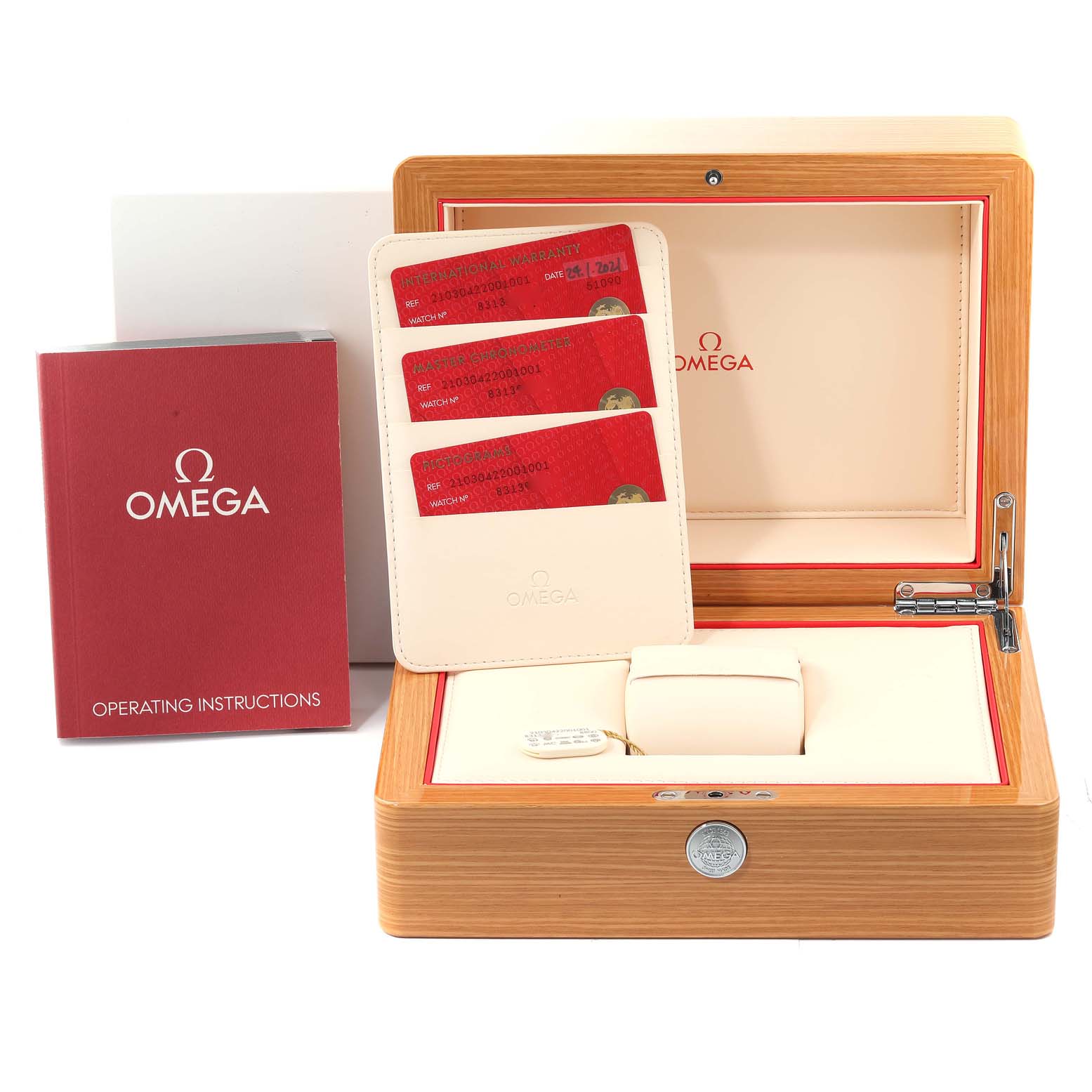 The image shows an Omega Seamaster 210.30.42.20.01.001 Men's Stainless Steel Black Dial 210.30.42.20.01.001 Men's Stainless Steel Black Dial watch box, operating instructions booklet, and warranty cards, taken from the front.