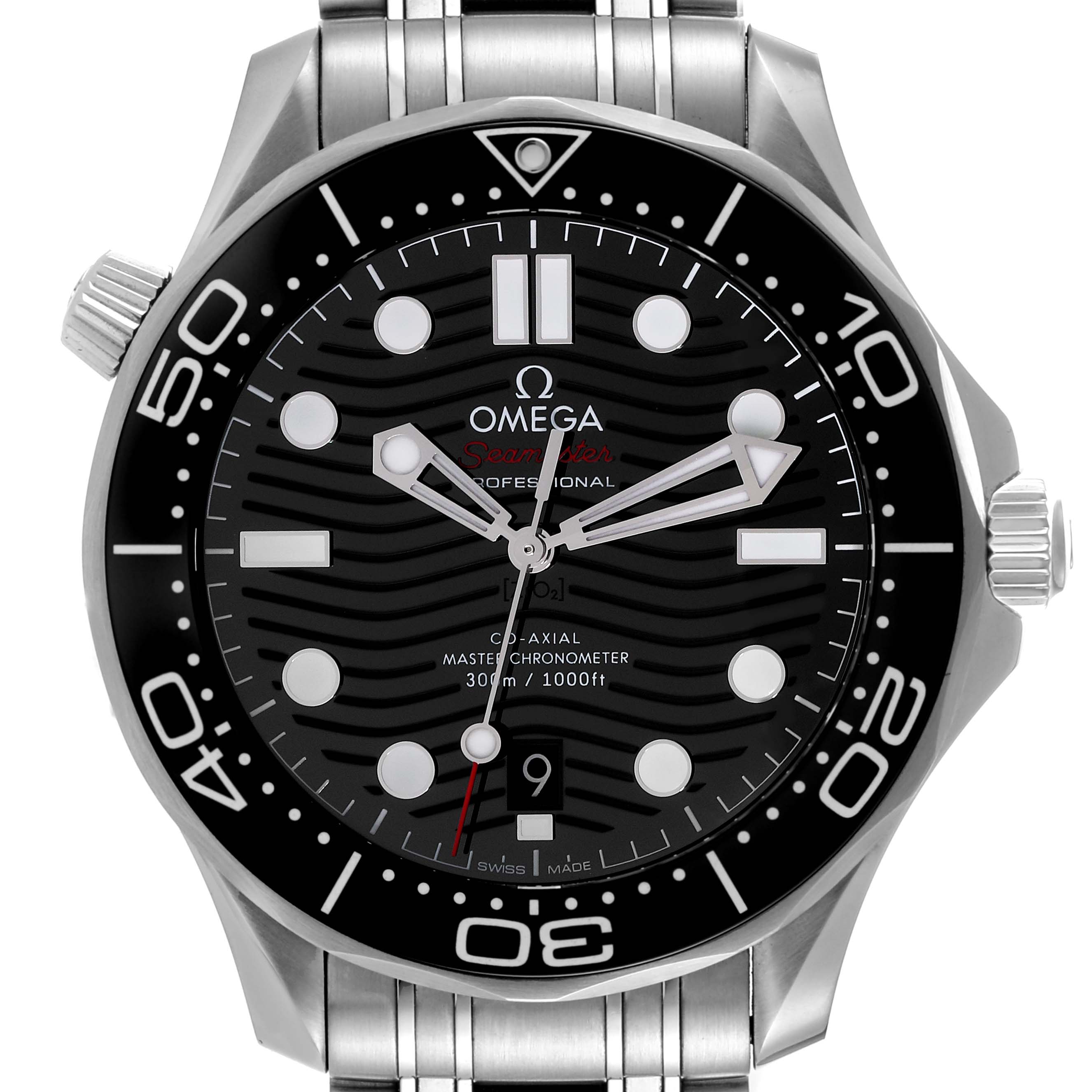 This image shows a front view of an Omega Seamaster 210.30.42.20.01.001 Men's Stainless Steel Black Dial 210.30.42.20.01.001 Men's Stainless Steel Black Dial watch, highlighting its dial, bezel, and bracelet.