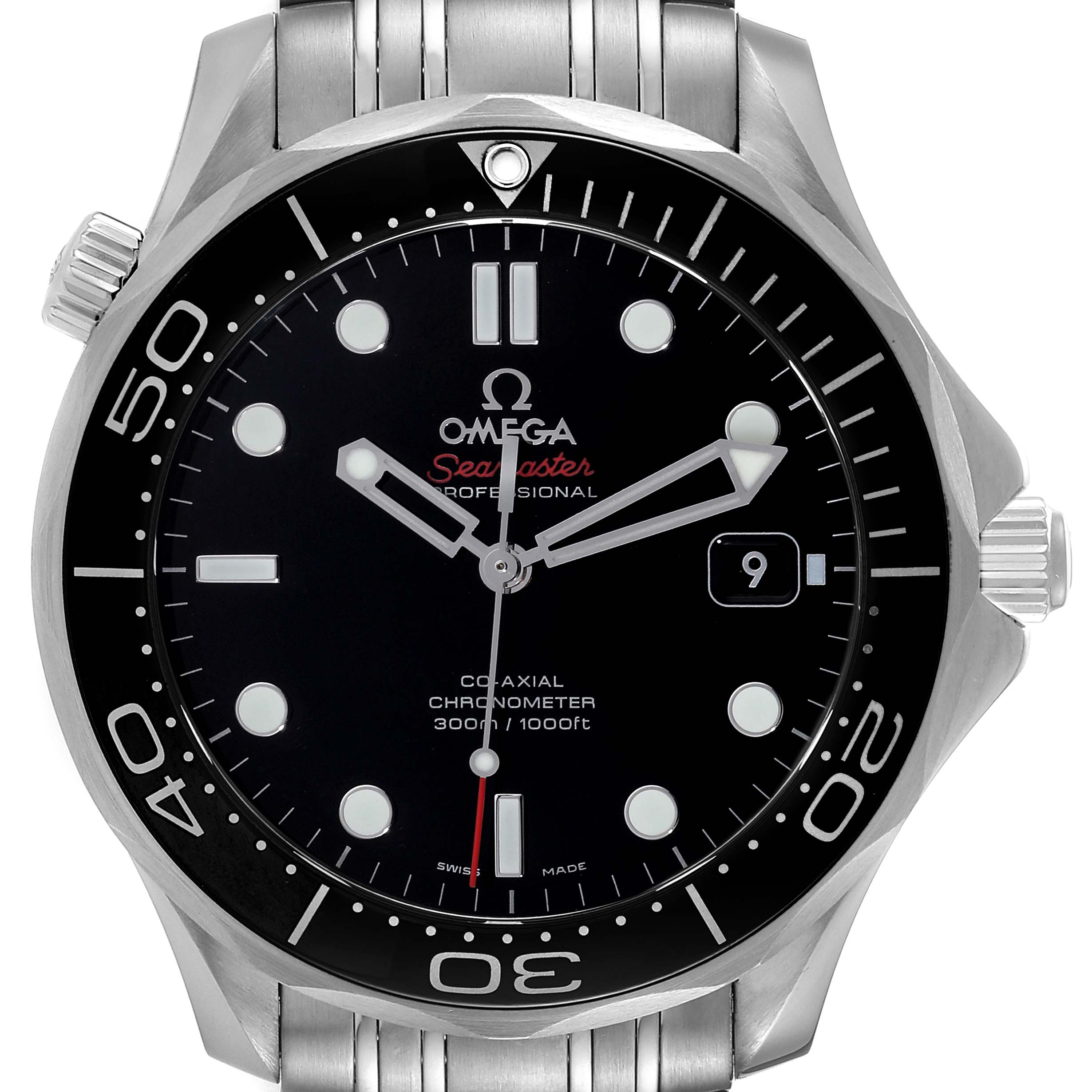 The image shows a frontal view of the Omega Seamaster 212.30.41.20.01.003 Men's Stainless Steel Black Dial 212.30.41.20.01.003 Men's Stainless Steel Black Dial's dial, bezel, hands, and crown.