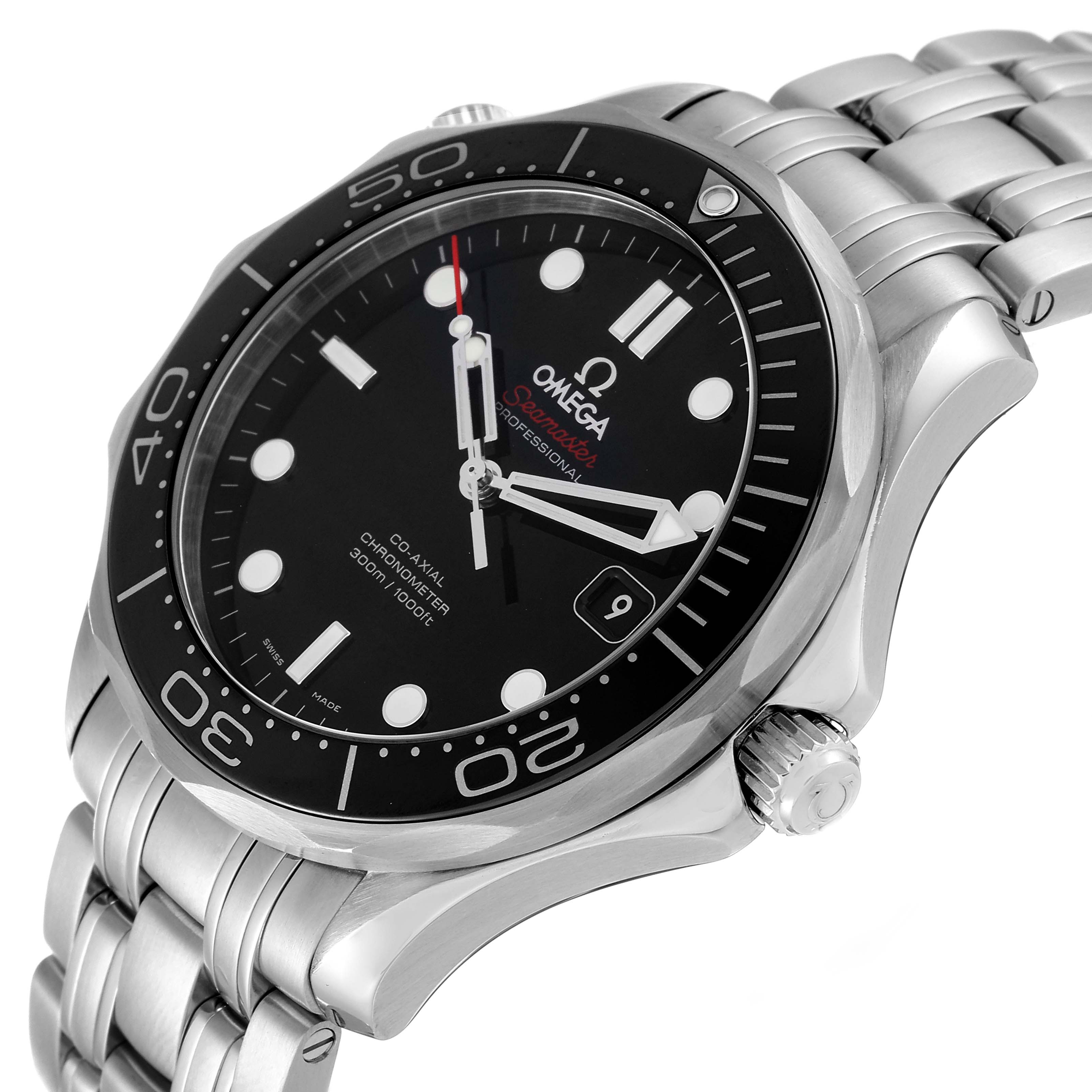 The image shows a side angle of the Omega Seamaster 212.30.41.20.01.003 Men's Stainless Steel Black Dial 212.30.41.20.01.003 Men's Stainless Steel Black Dial watch, highlighting its bezel, dial, crown, and bracelet.