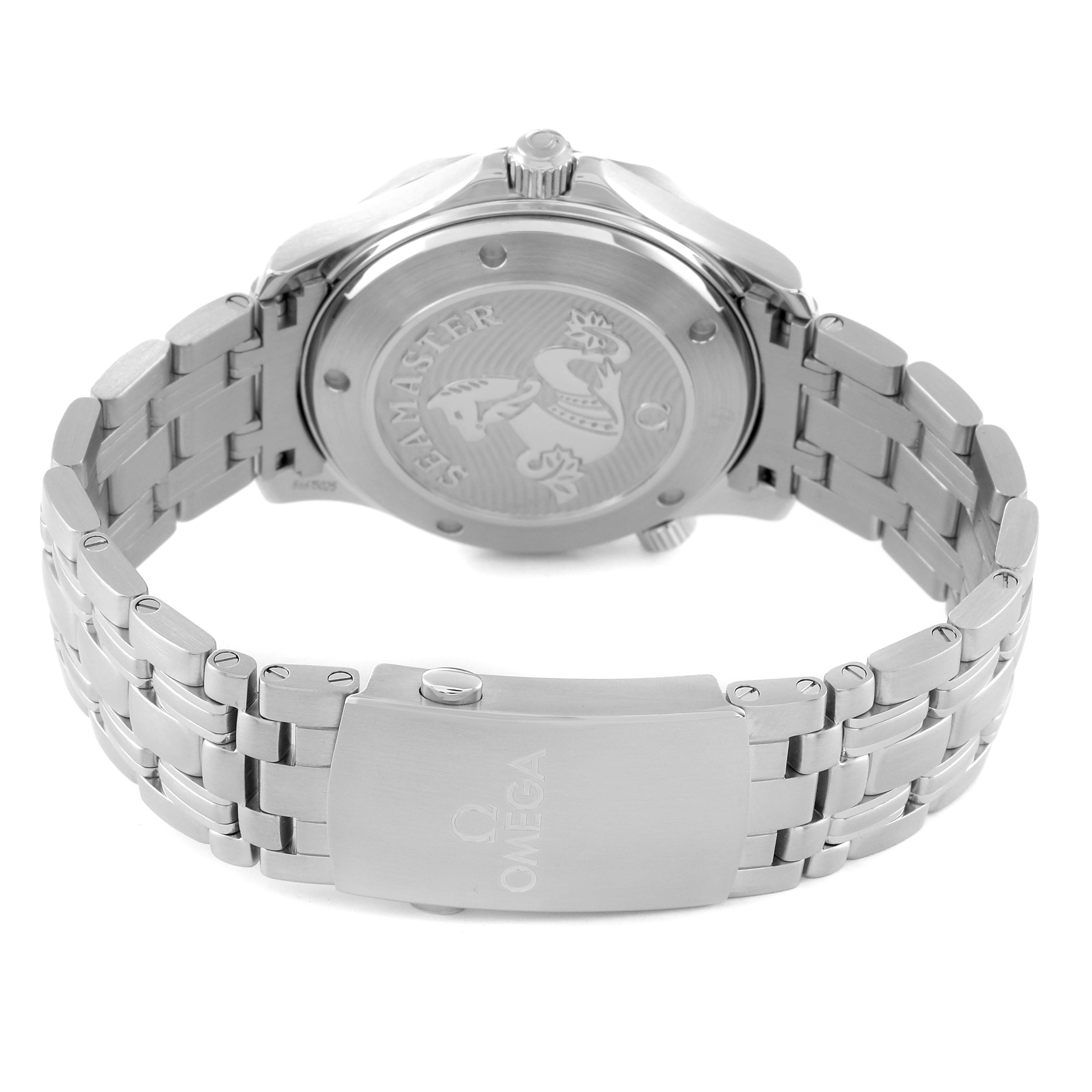 The image shows the back case and stainless steel bracelet of an Omega Seamaster 212.30.41.20.01.003 Men's Stainless Steel Black Dial 212.30.41.20.01.003 Men's Stainless Steel Black Dial watch.